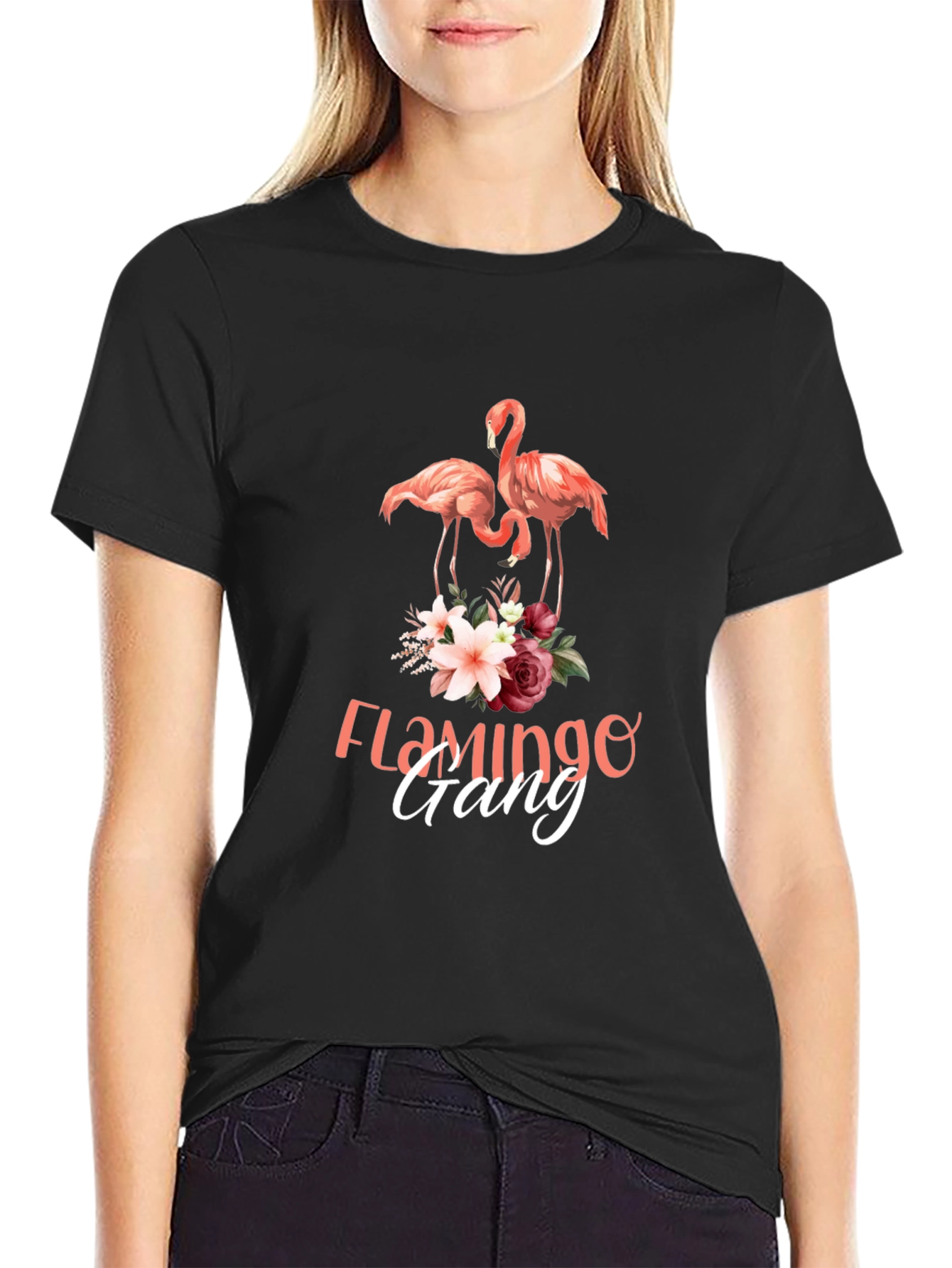 Camiseta Negra con Estampado de Flamencos