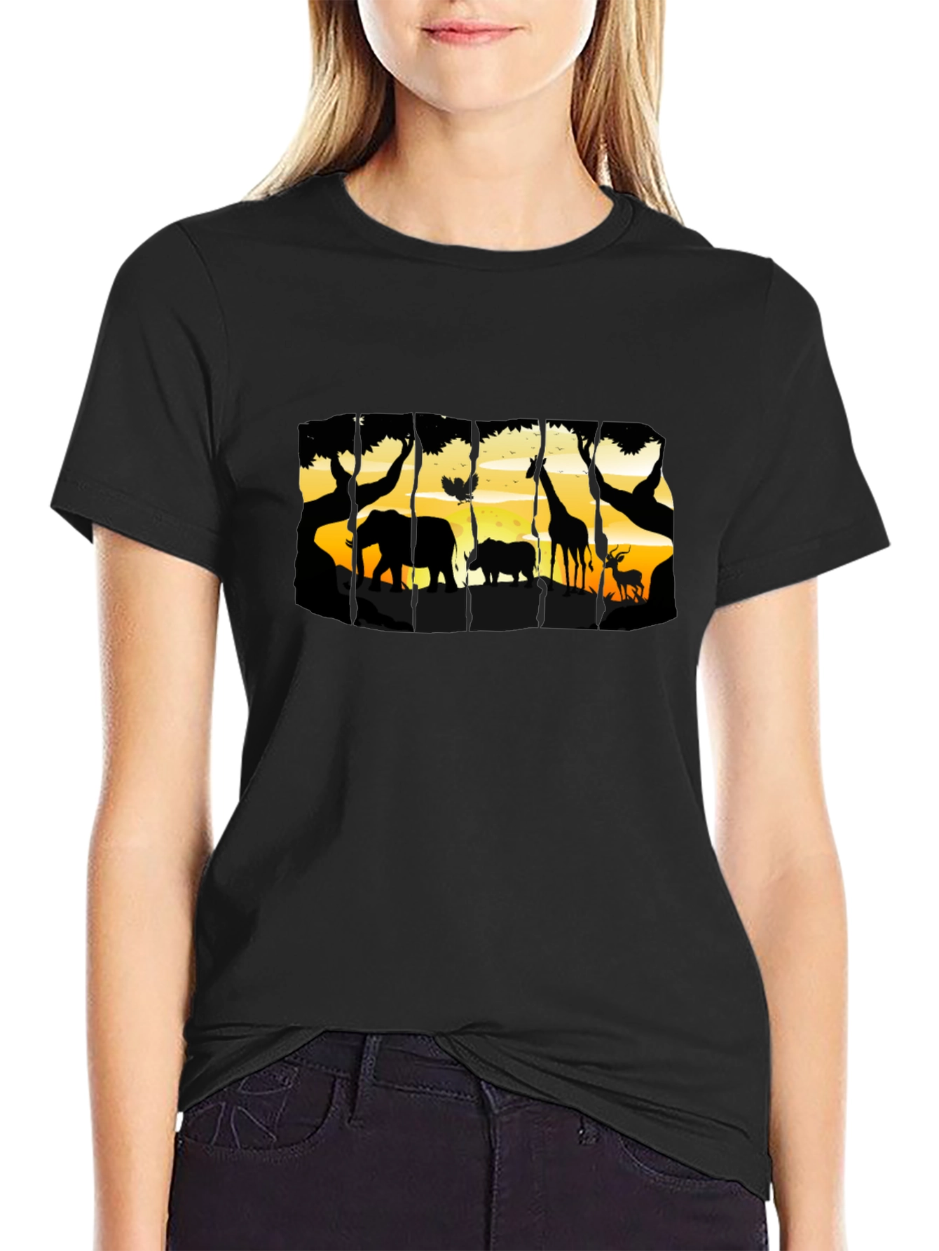Camiseta Negra con Diseño de Vida Salvaje Africana