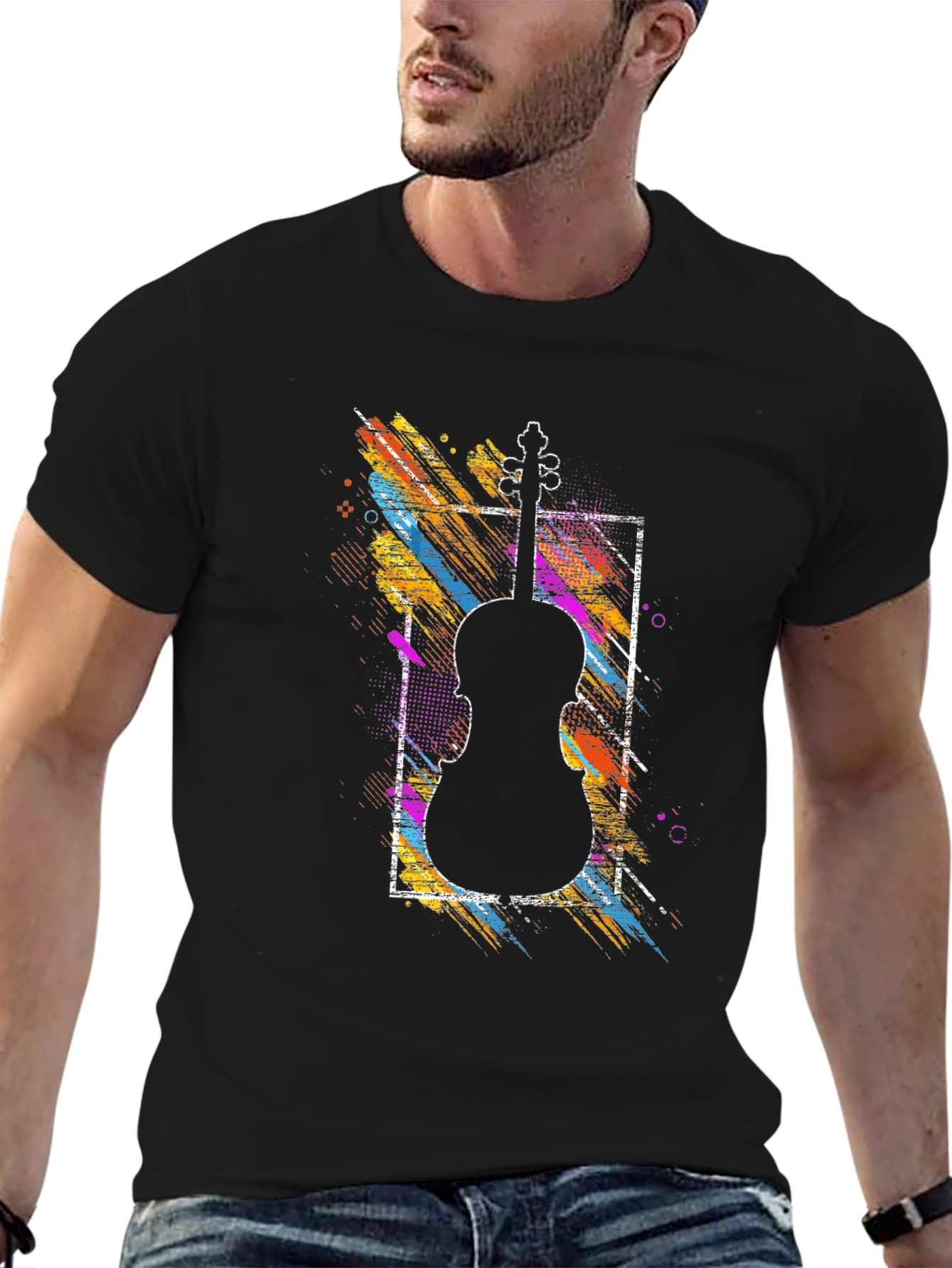 Camiseta Negra con Diseño de Violín Abstracto