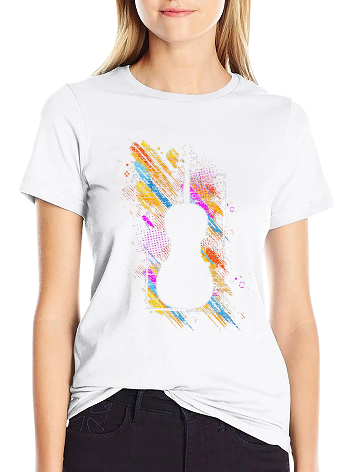 Camiseta Negra con Diseño de Violín Abstracto