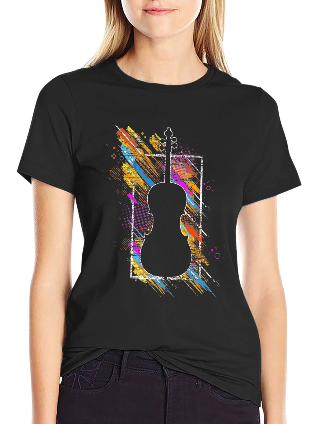 Camiseta Negra con Diseño de Violín Abstracto