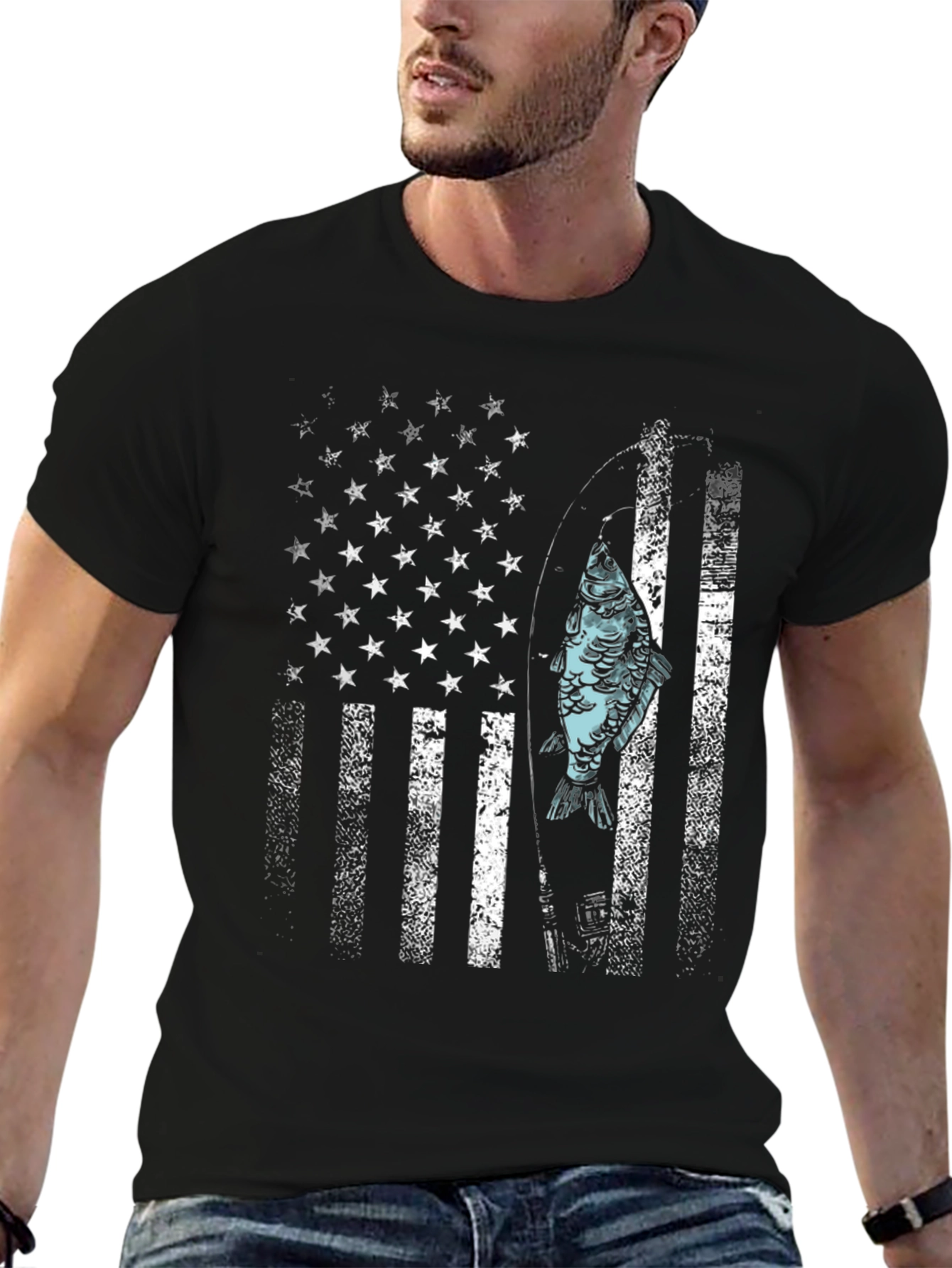 Camiseta Hombre Diseño Bandera USA con Pez