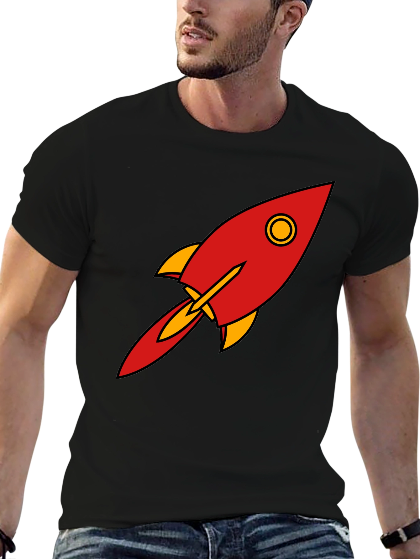 Camiseta Negra con Diseño de Cohete Retro