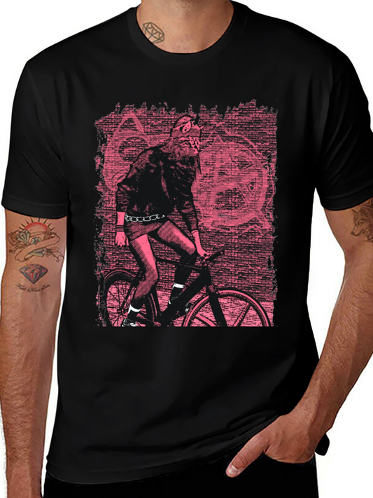 Camiseta Negra con Diseño Gráfico Ciclista Lobo