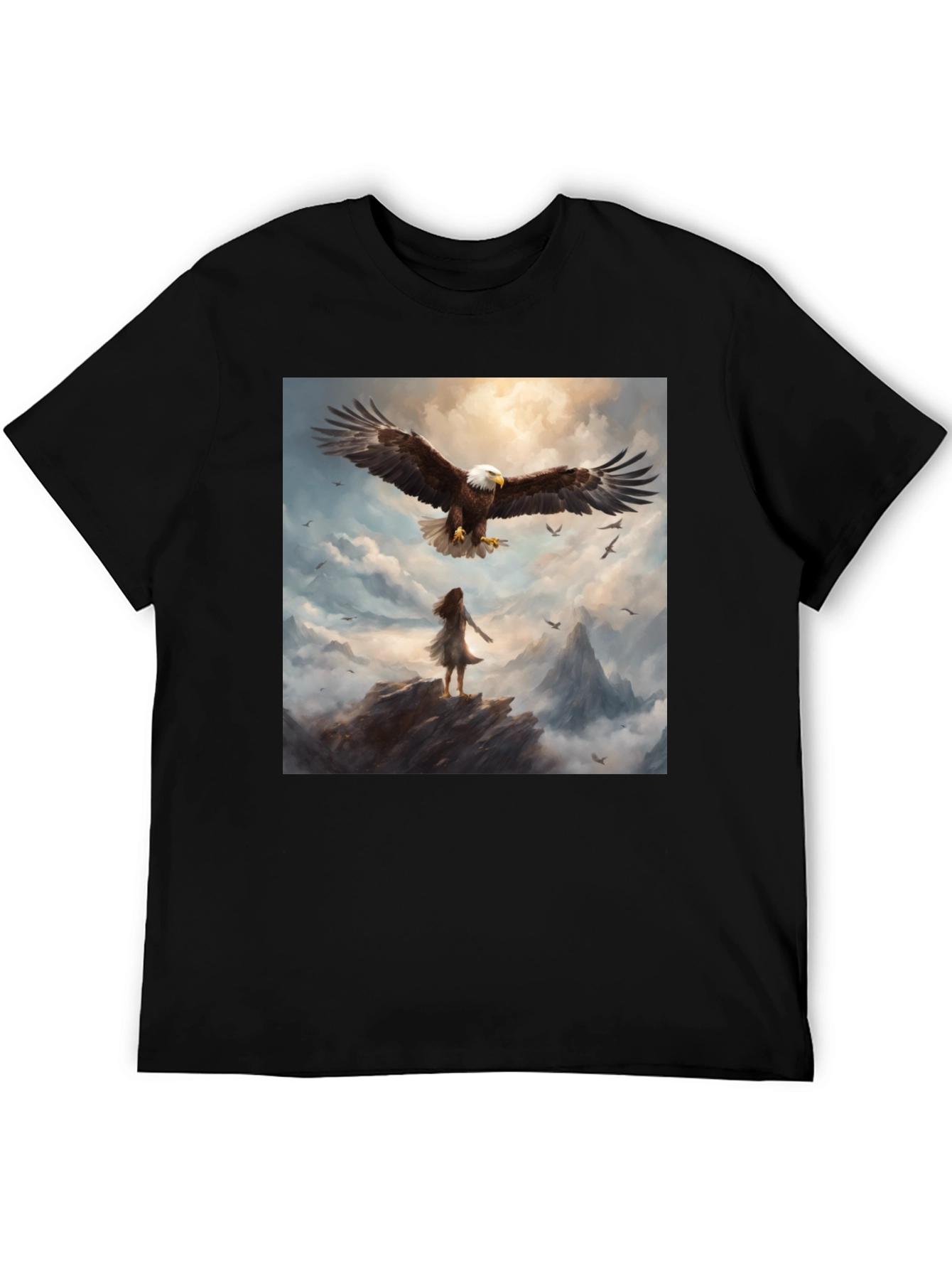 Camiseta Negra con Águila y Paisaje Fantástico