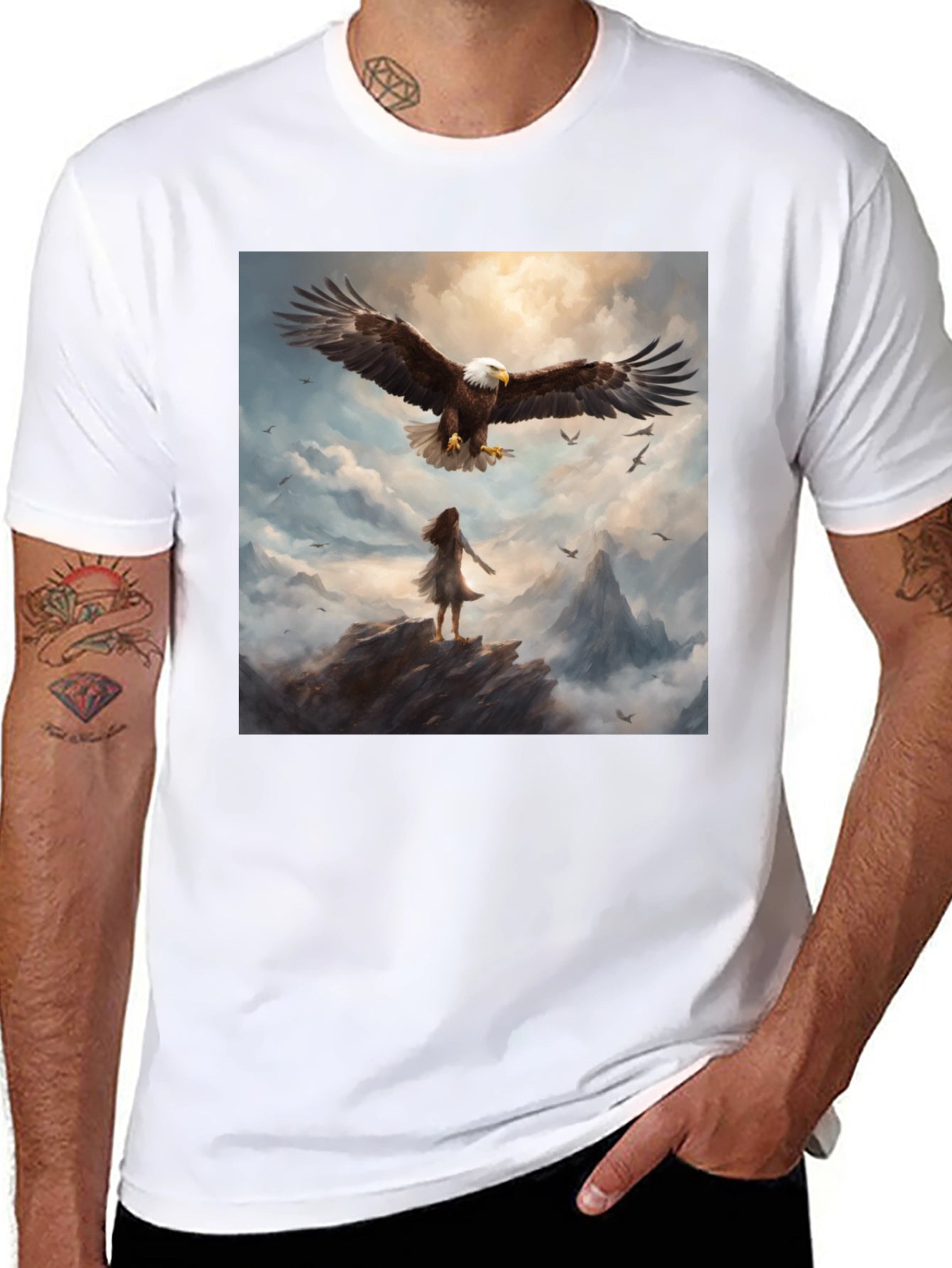 Camiseta Negra con Águila y Paisaje Fantástico
