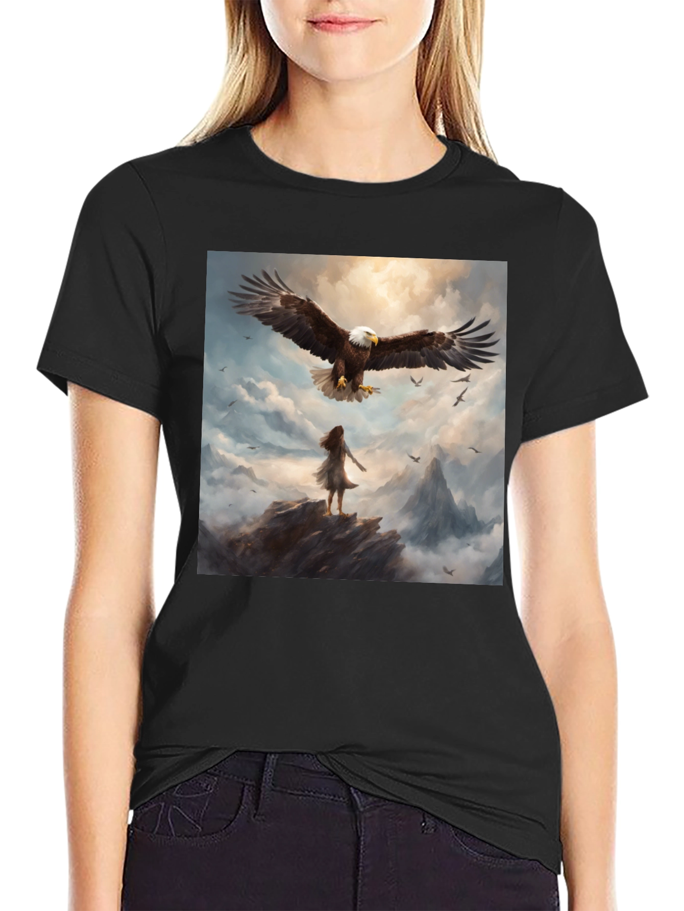 Camiseta Negra con Águila y Paisaje Fantástico