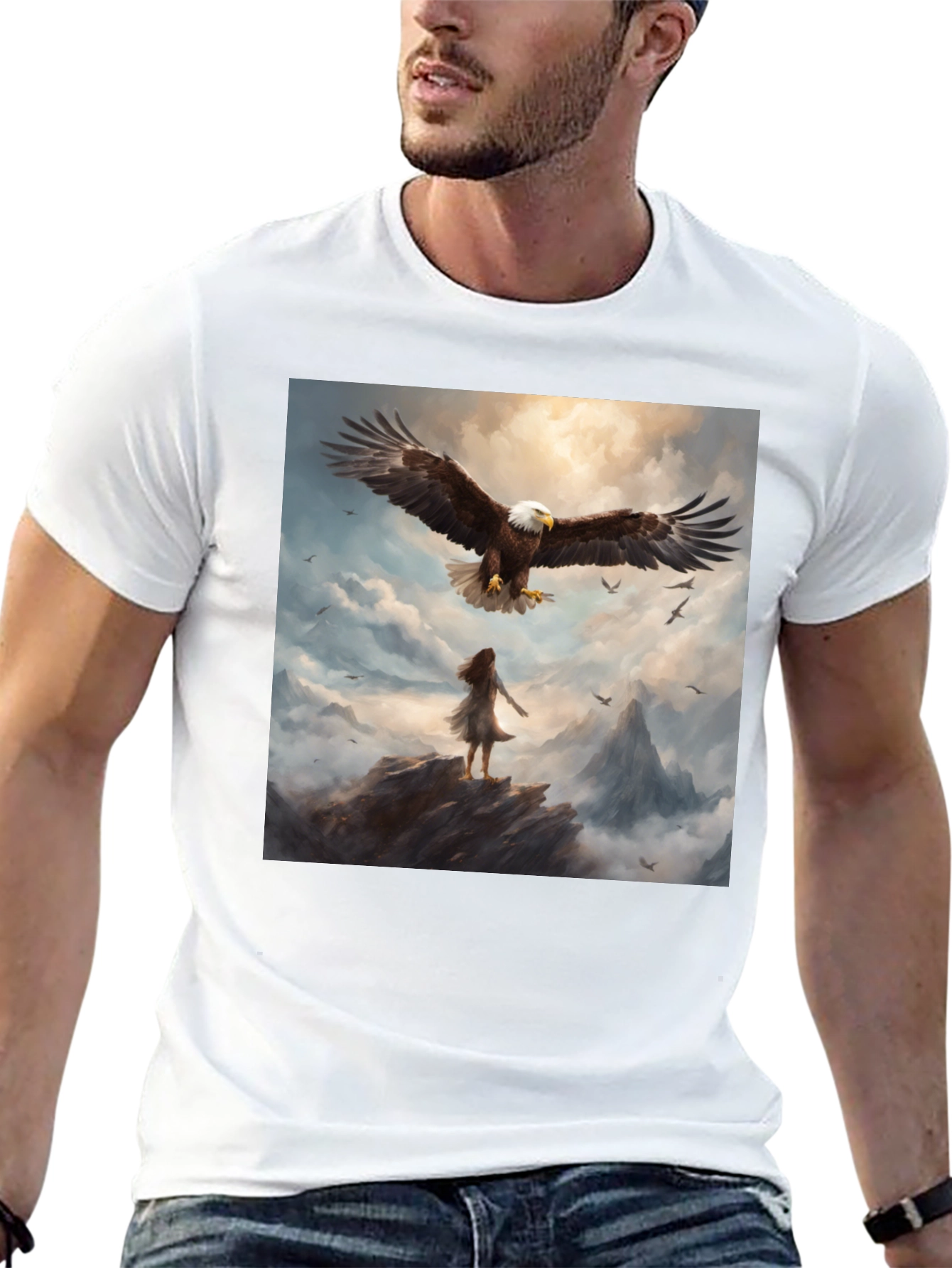 Camiseta Negra con Águila y Paisaje Fantástico