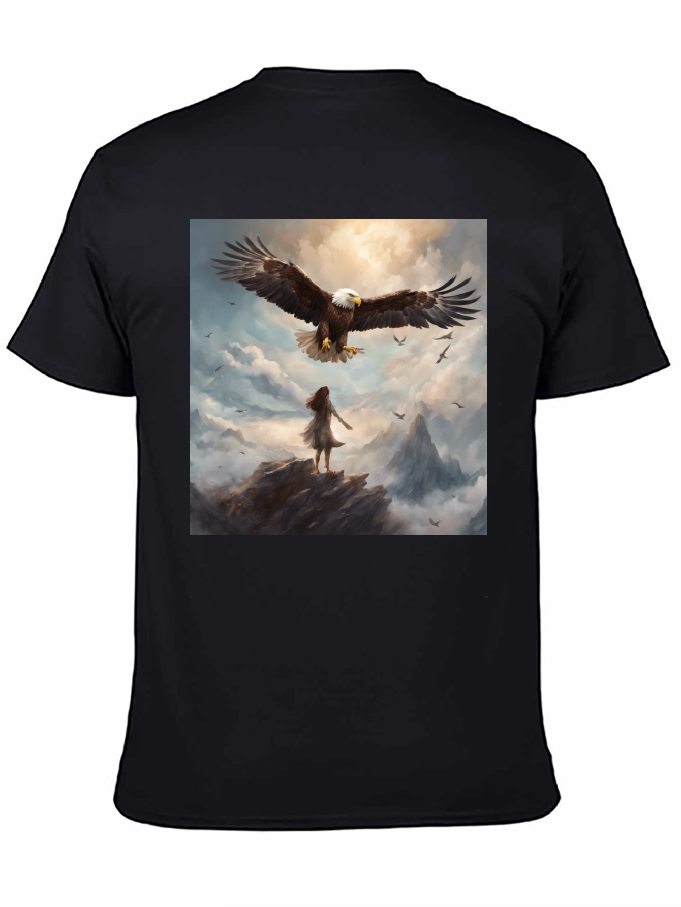 Camiseta Negra con Águila y Paisaje Fantástico