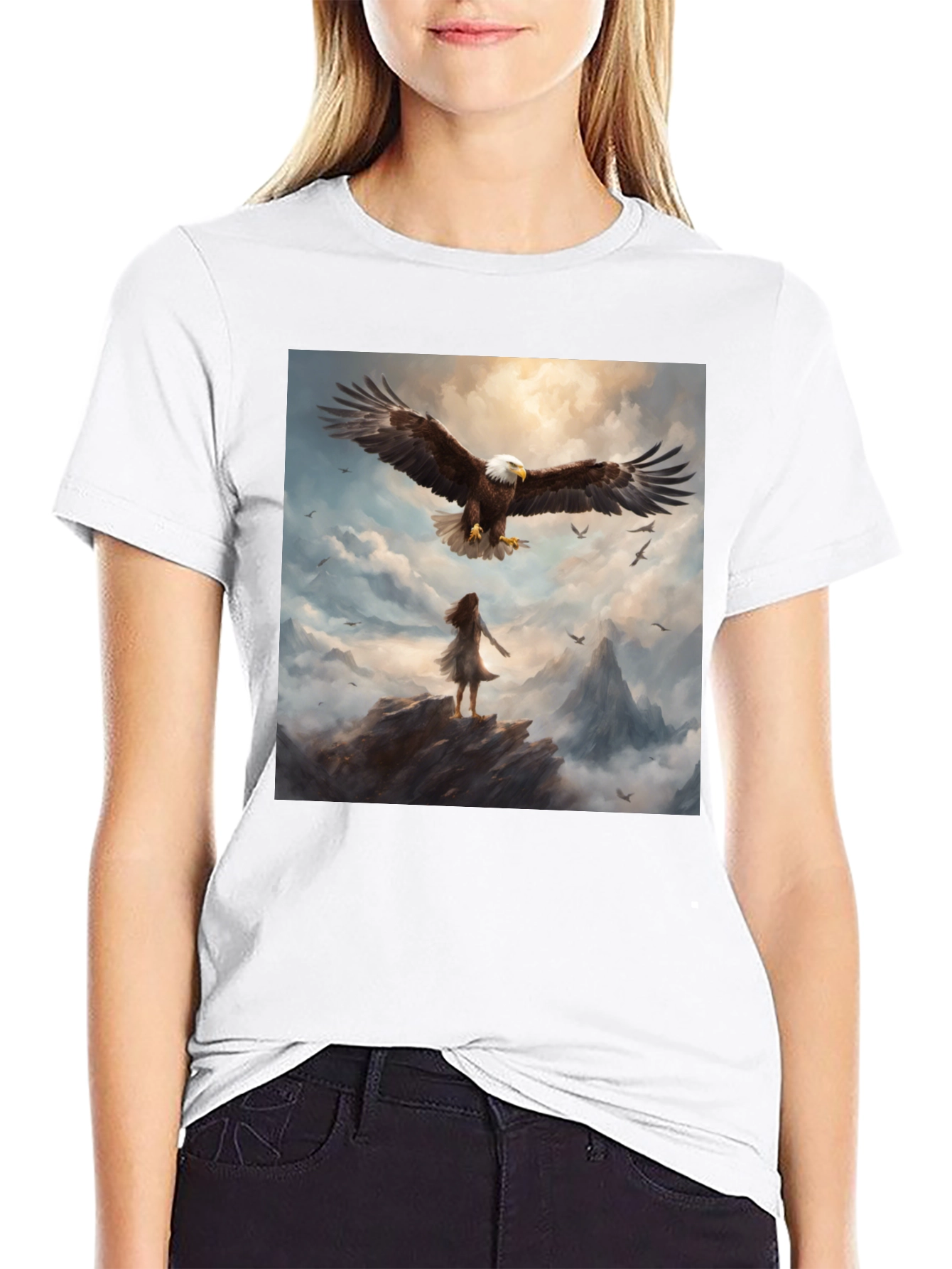 Camiseta Negra con Águila y Paisaje Fantástico