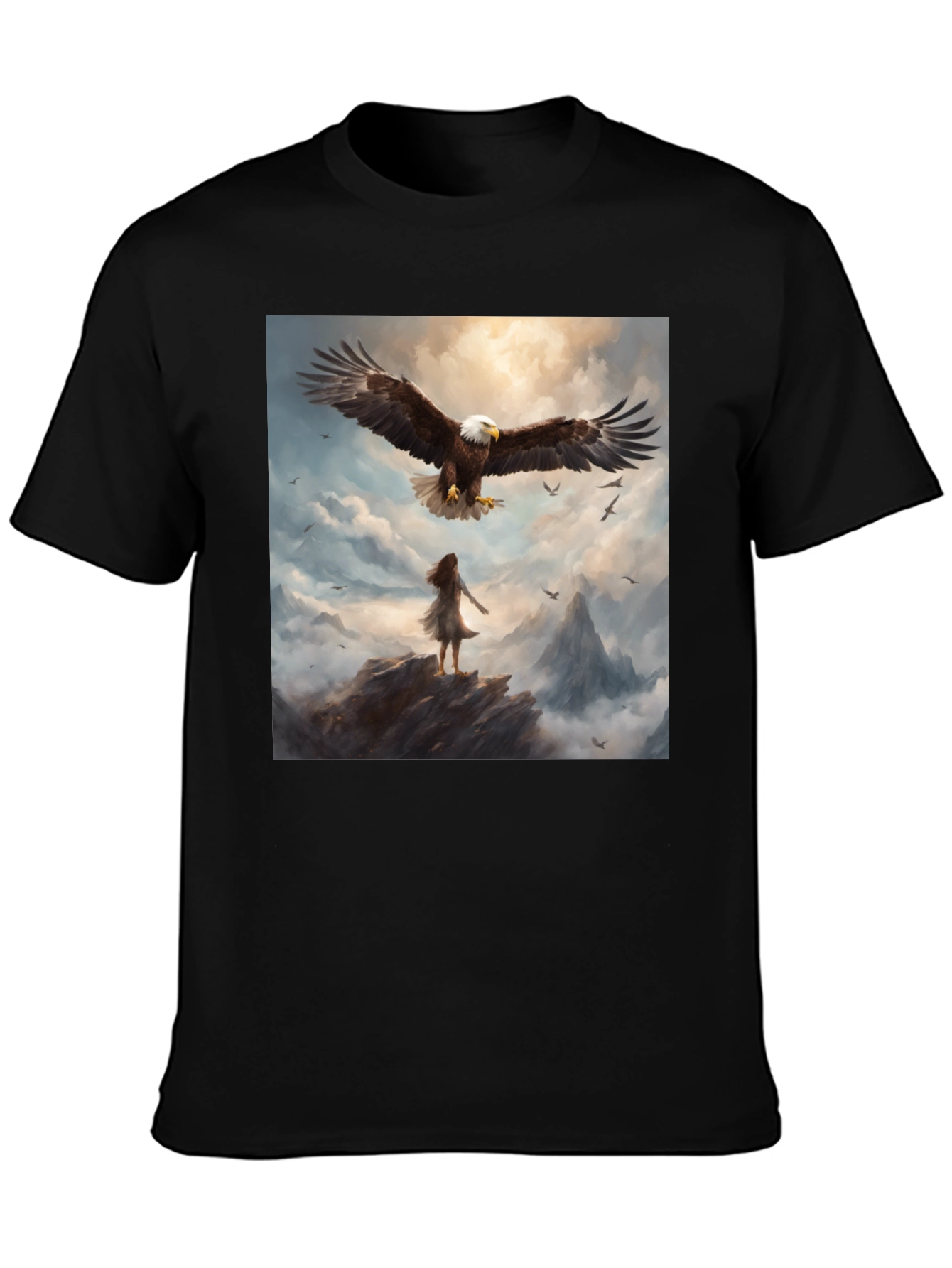 Camiseta Negra con Águila y Paisaje Fantástico