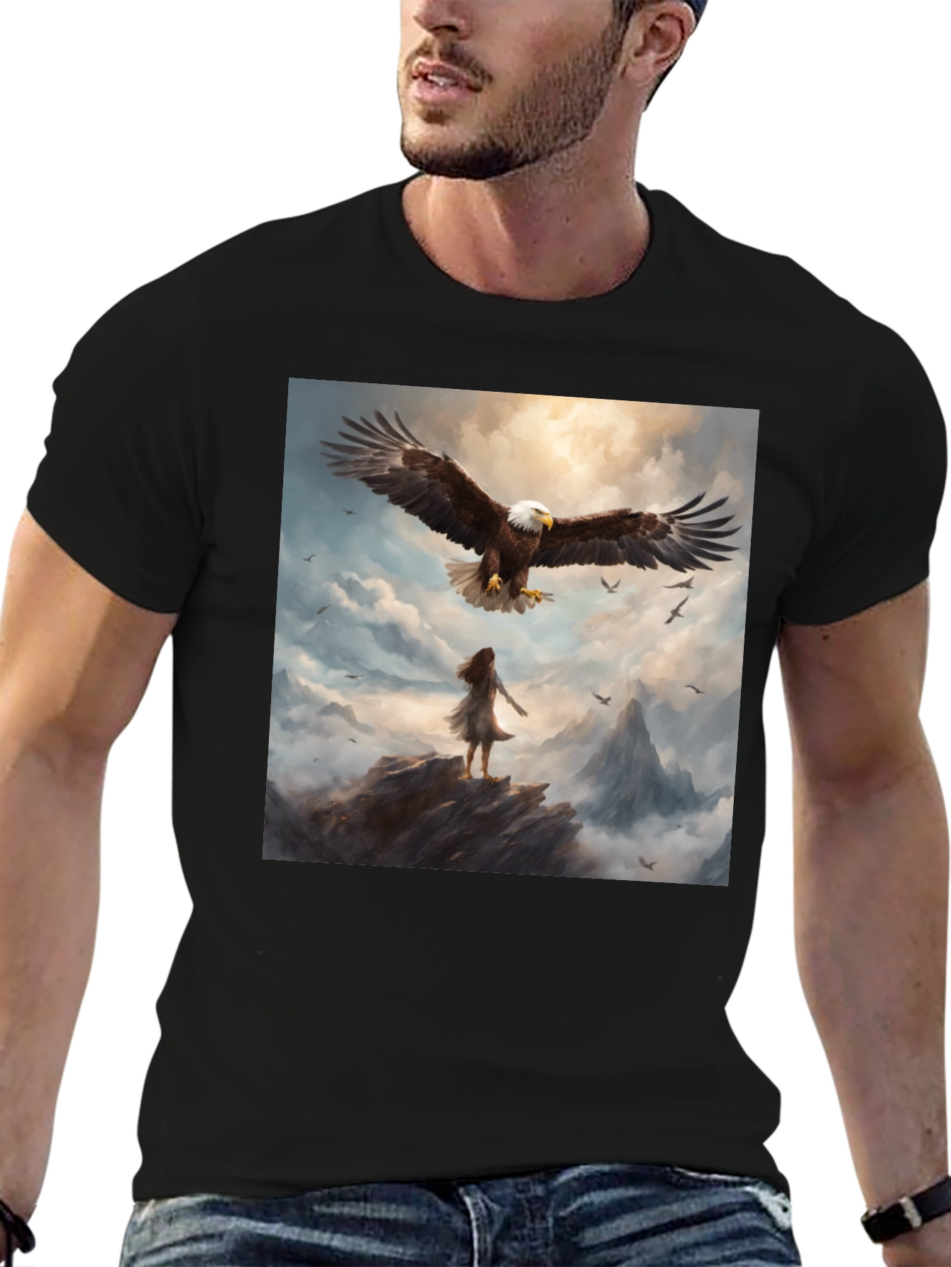Camiseta Negra con Águila y Paisaje Fantástico