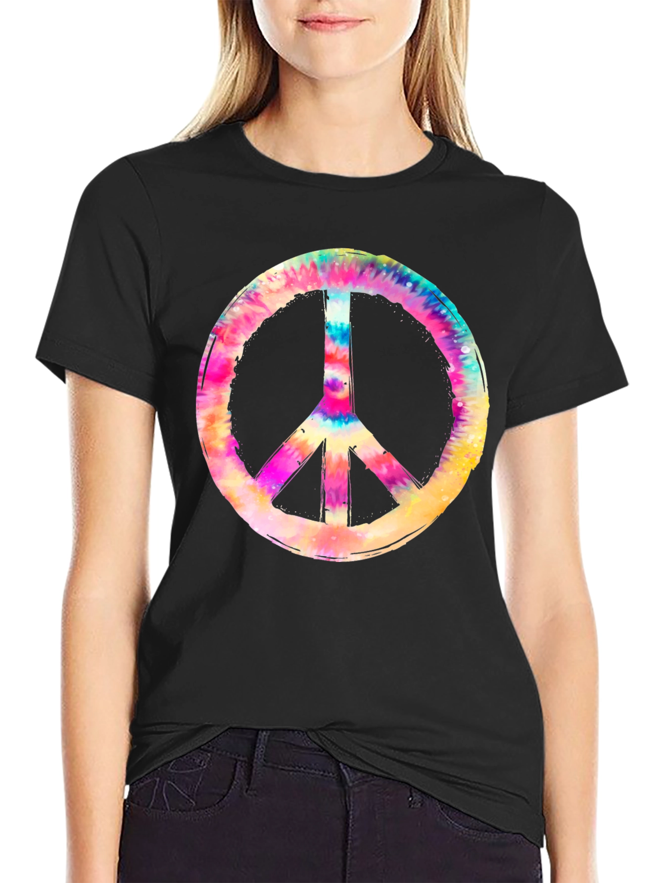Camiseta Negra con Símbolo de la Paz Tie-Dye