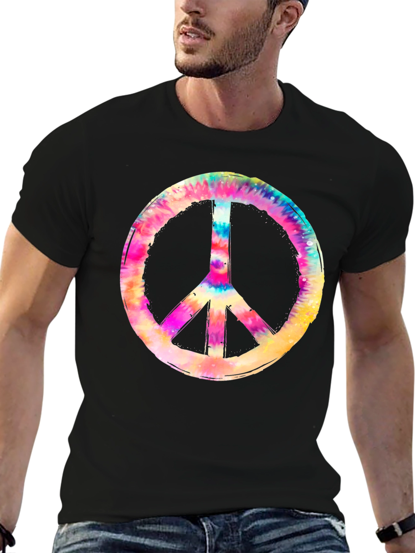 Camiseta Negra con Símbolo de la Paz Tie-Dye