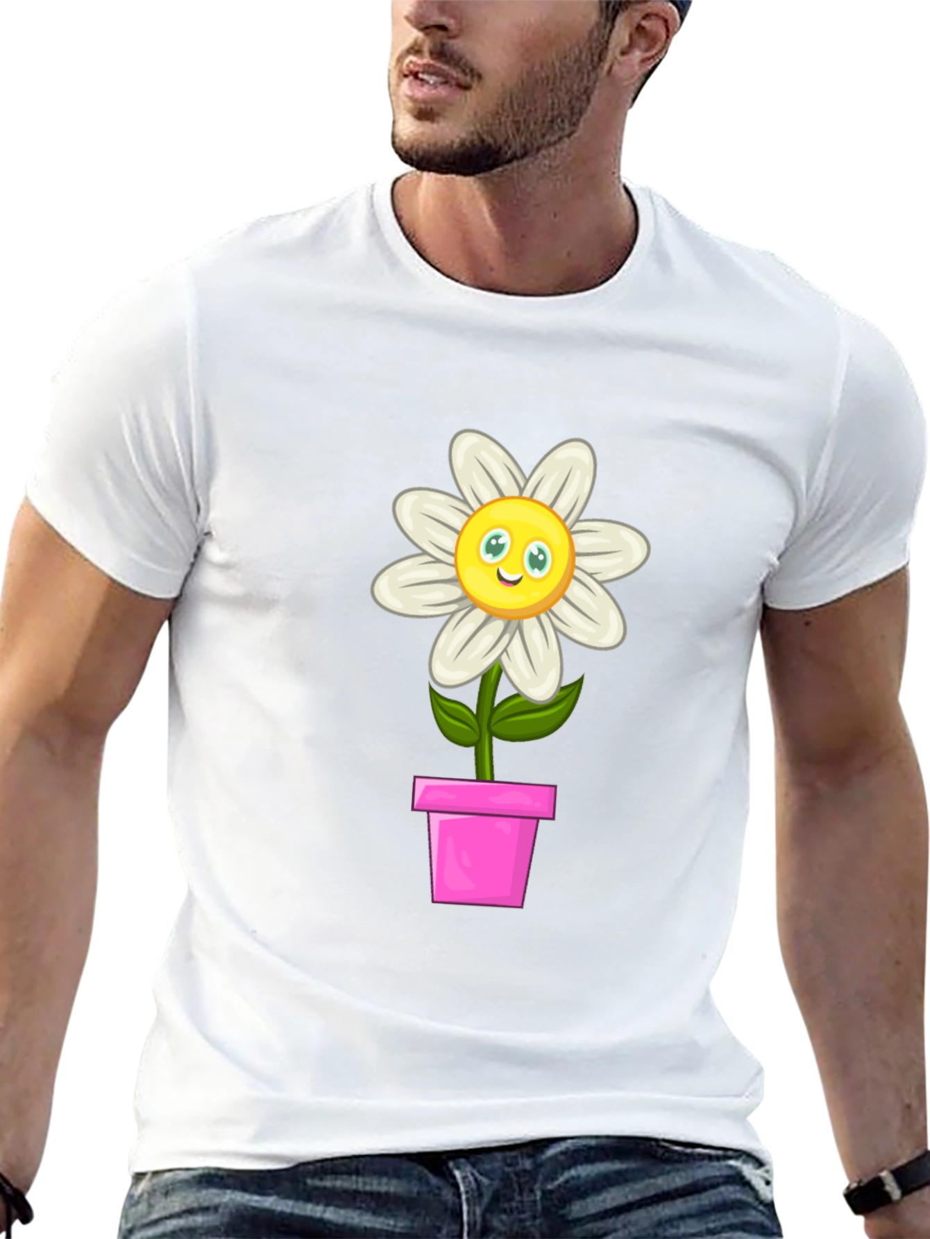 Camiseta Negra con Girasol en Maceta para Hombre