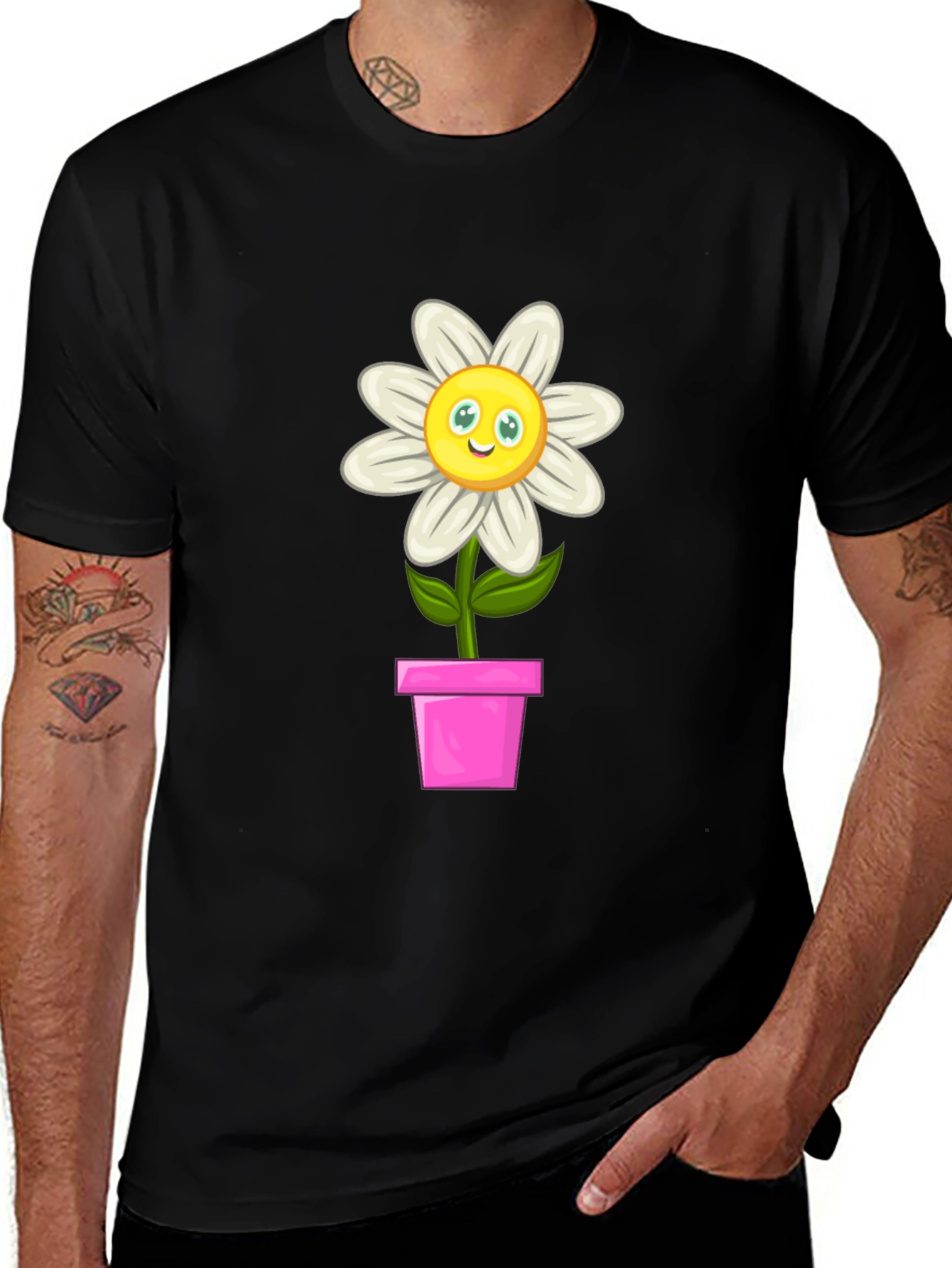 Camiseta Negra con Girasol en Maceta para Hombre
