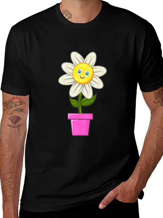 Camiseta Negra con Girasol en Maceta para Hombre