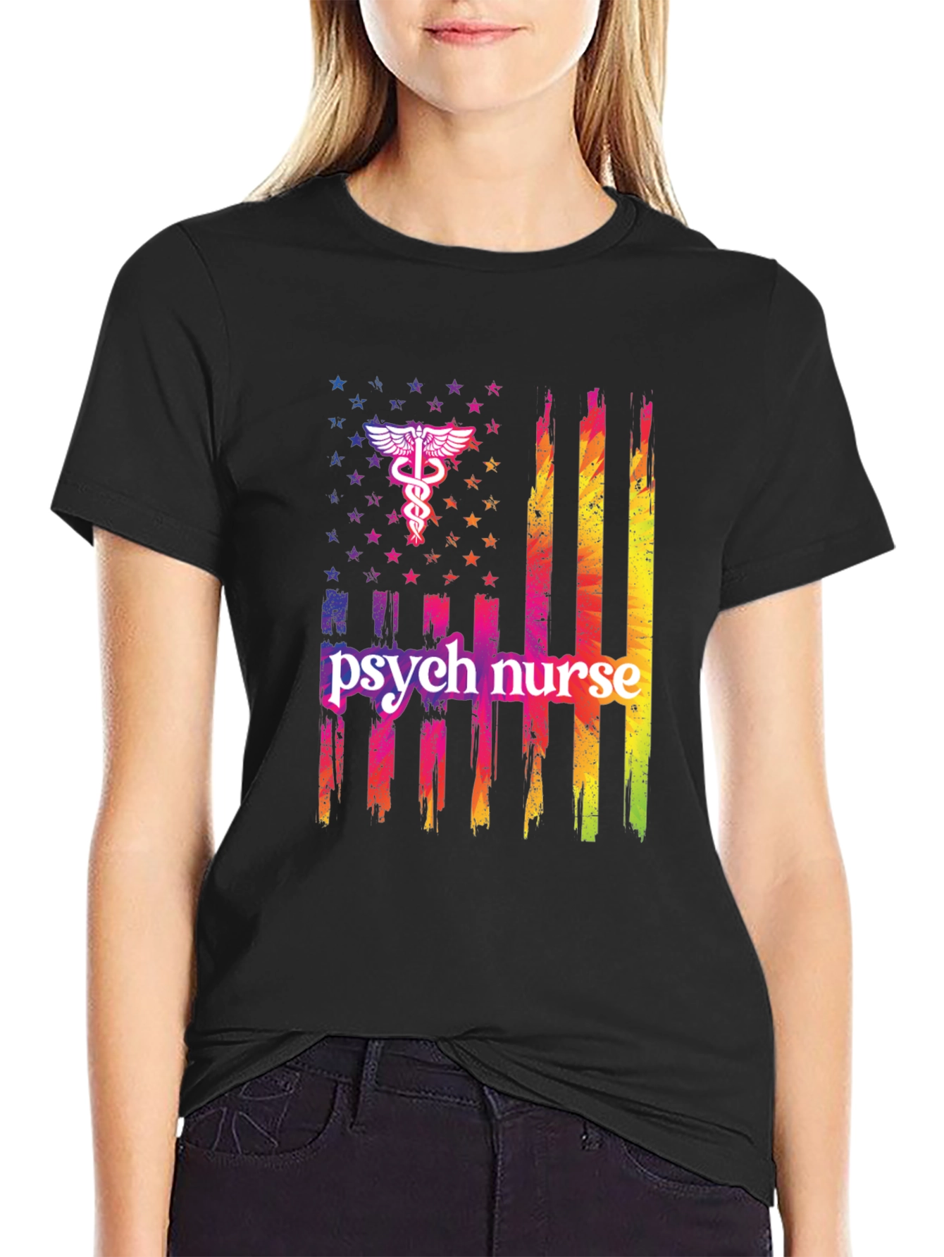 Camiseta Negra Psicóloga Enfermera Bandera USA