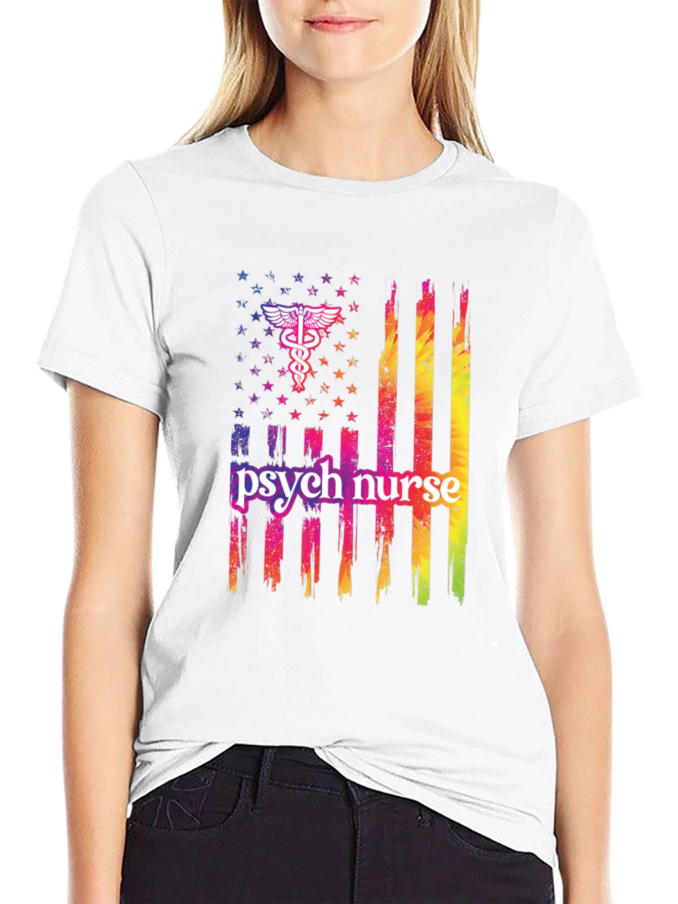Camiseta Negra Psicóloga Enfermera Bandera USA