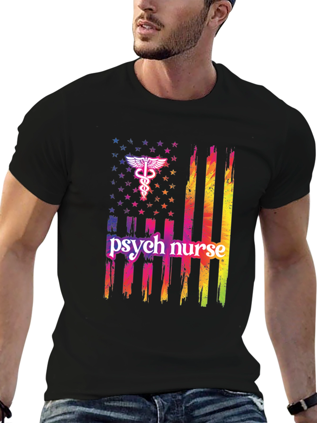 Camiseta Negra Psicóloga Enfermera Bandera USA
