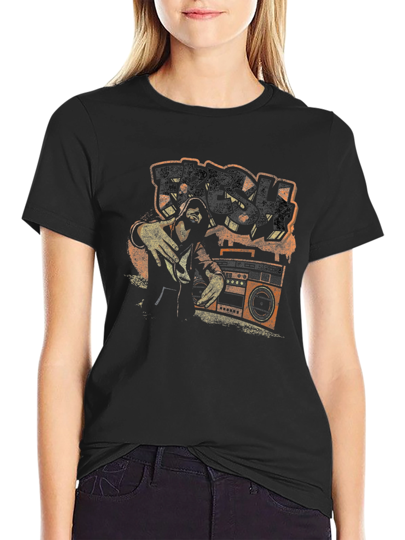 Camiseta Negra con Diseño Gráfico Retro Fresh