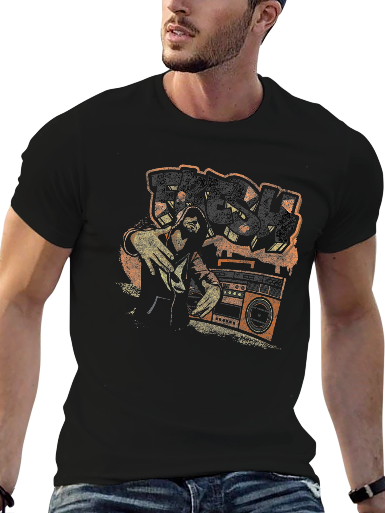 Camiseta Negra con Diseño Gráfico Retro Fresh