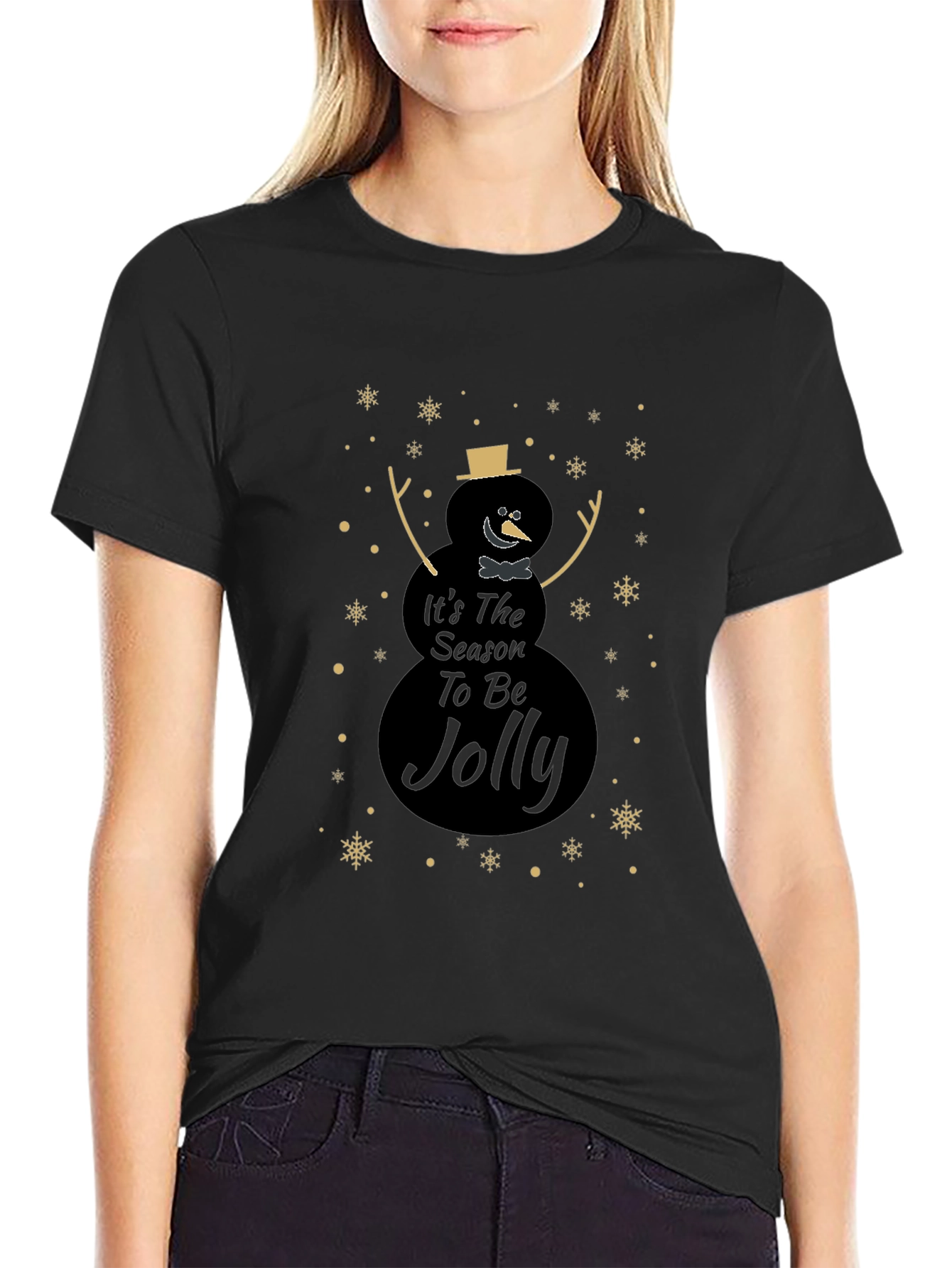 Camiseta Negra Navideña con Diseño de Muñeco de Nieve
