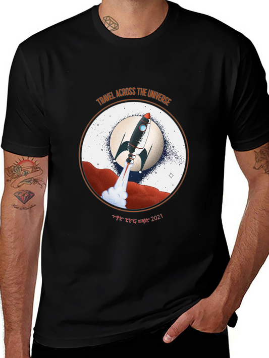 Camiseta Unisex Negra con Diseño de Cohete Espacial Vintage