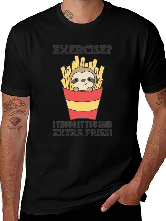 Camiseta Negra con Diseño Divertido de Perezoso y Papas Fritas