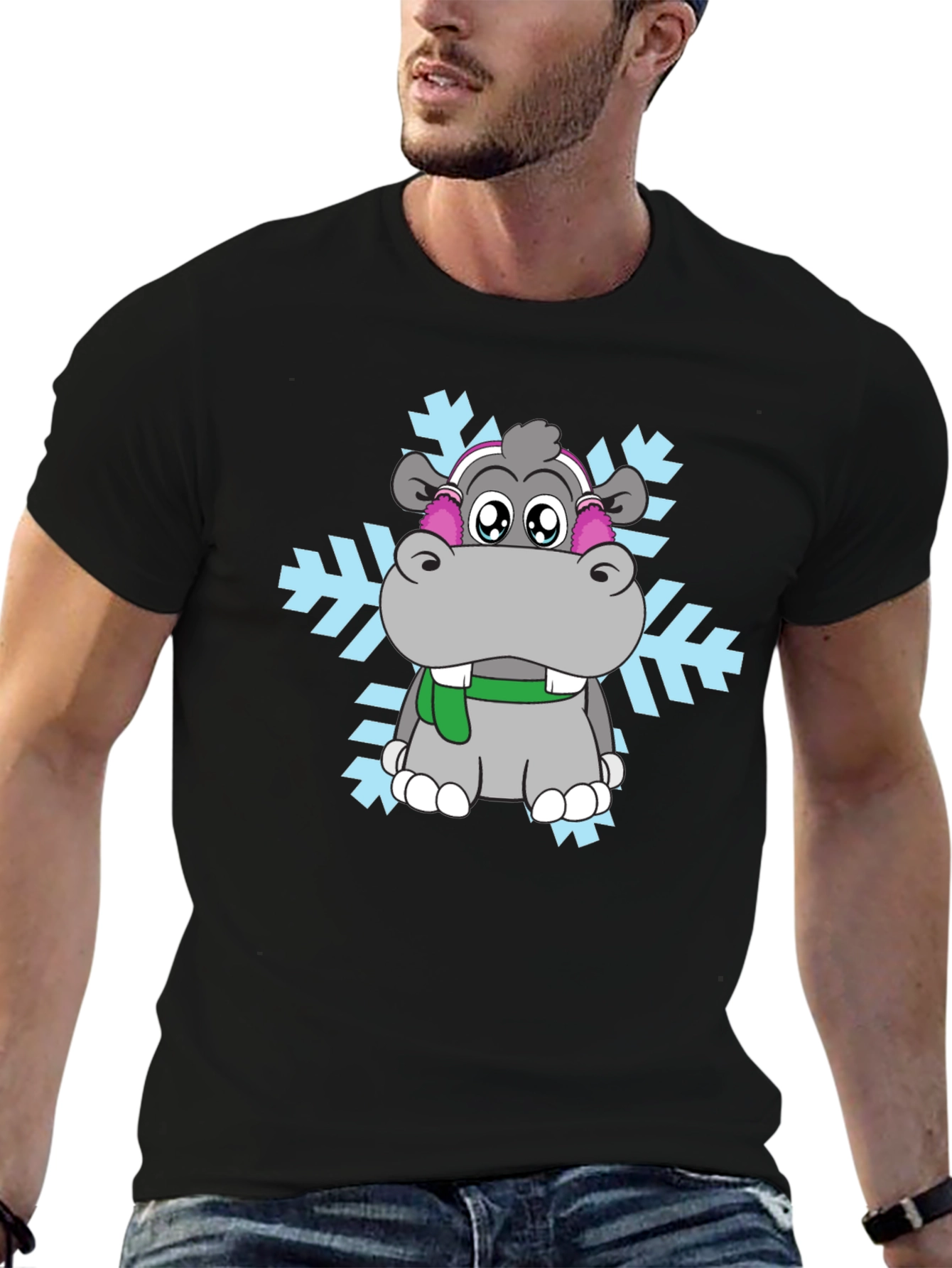Camiseta Negra con Hipopótamo Invernal