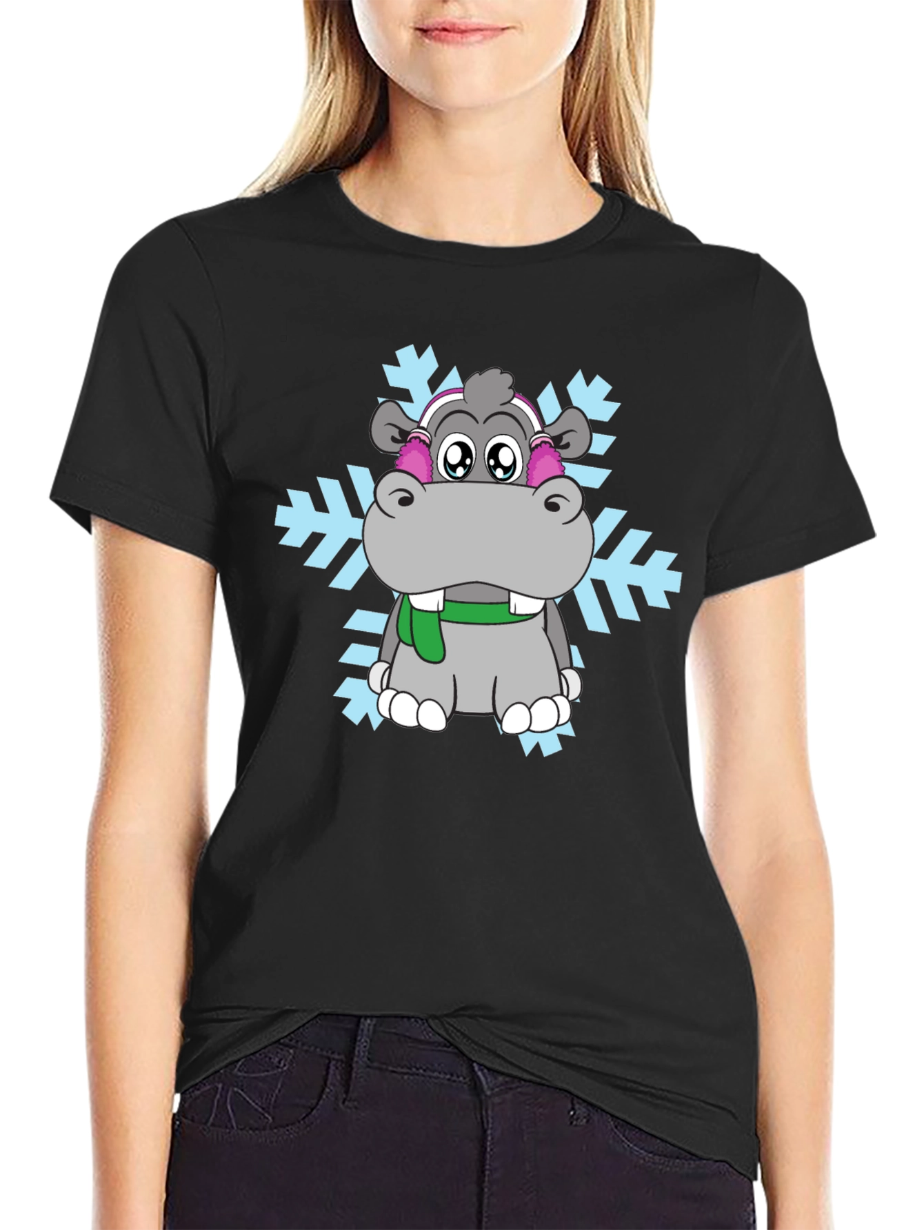 Camiseta Negra con Hipopótamo Invernal