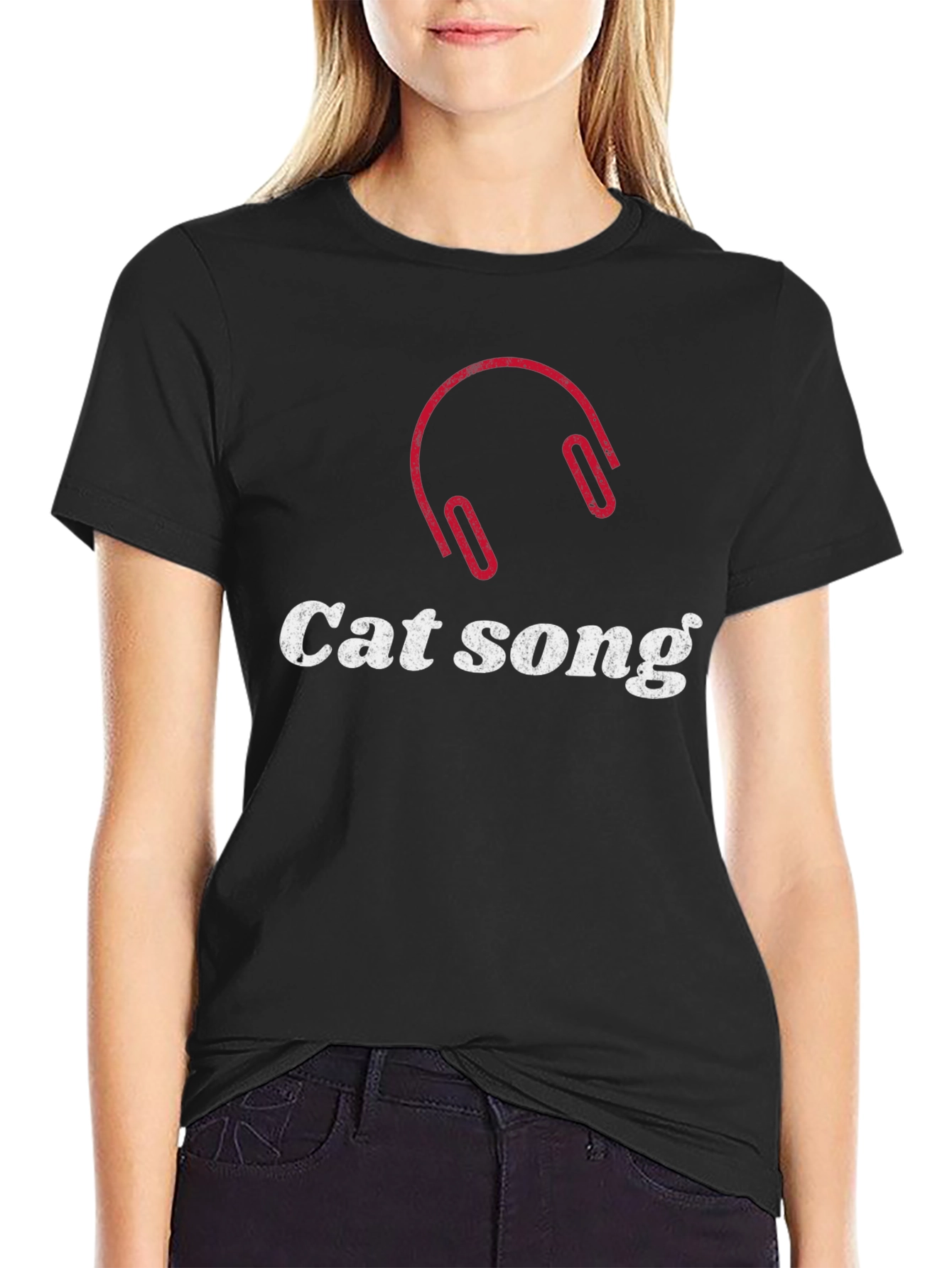 Camiseta Negra Cat Song con Diseño de Audífonos