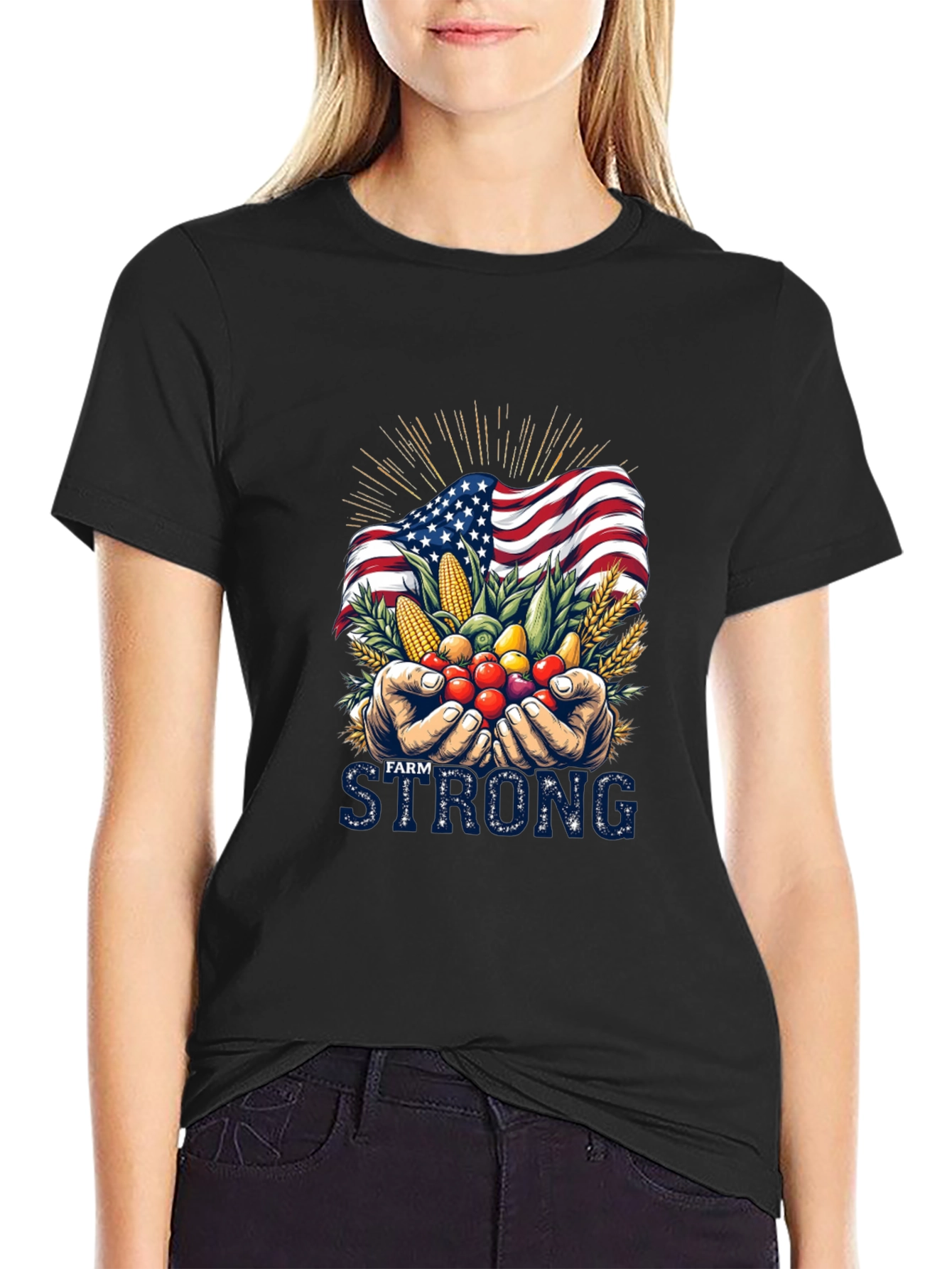 Camiseta Negra Farm Strong con Bandera Americana