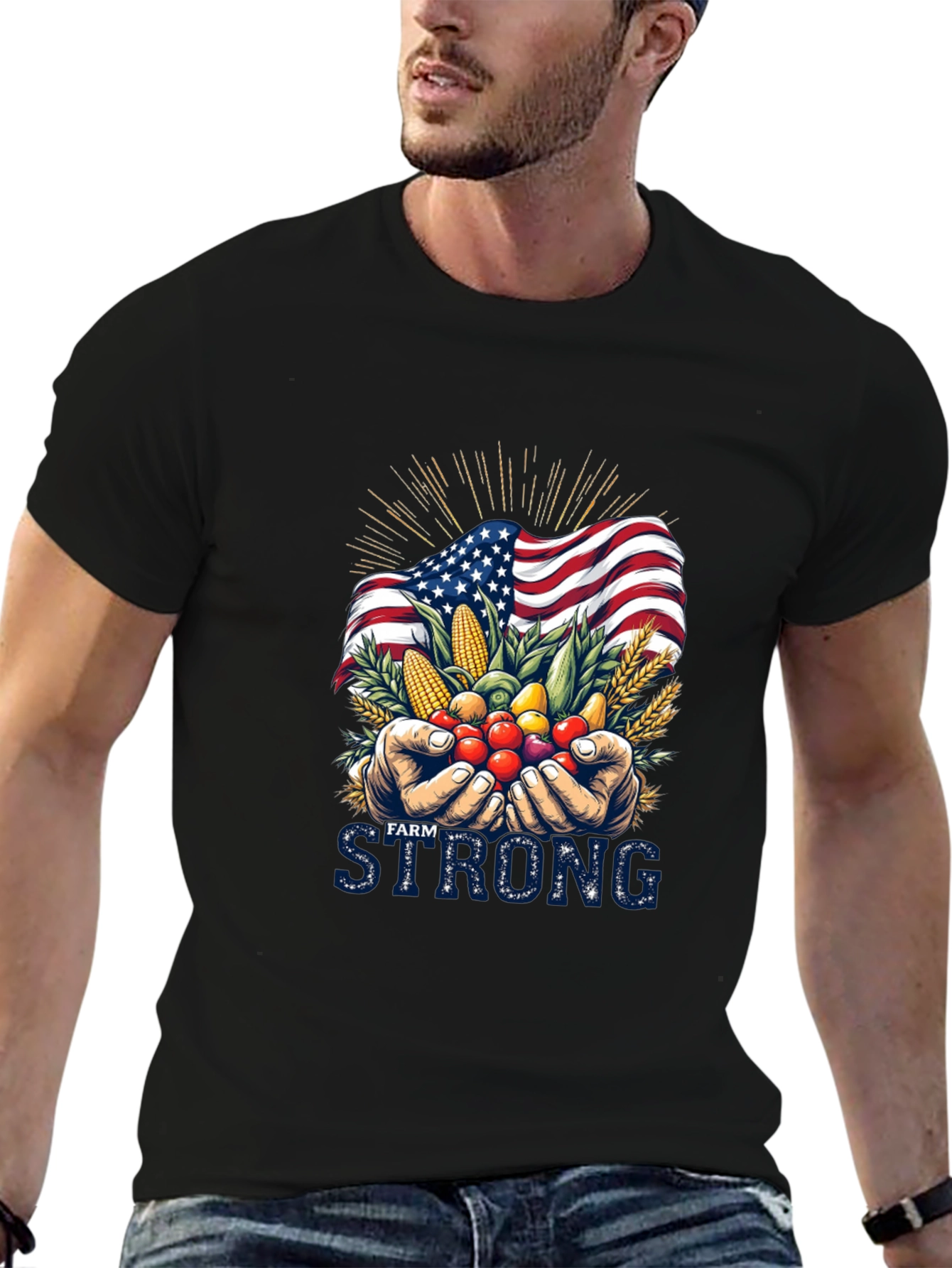Camiseta Negra Farm Strong con Bandera Americana