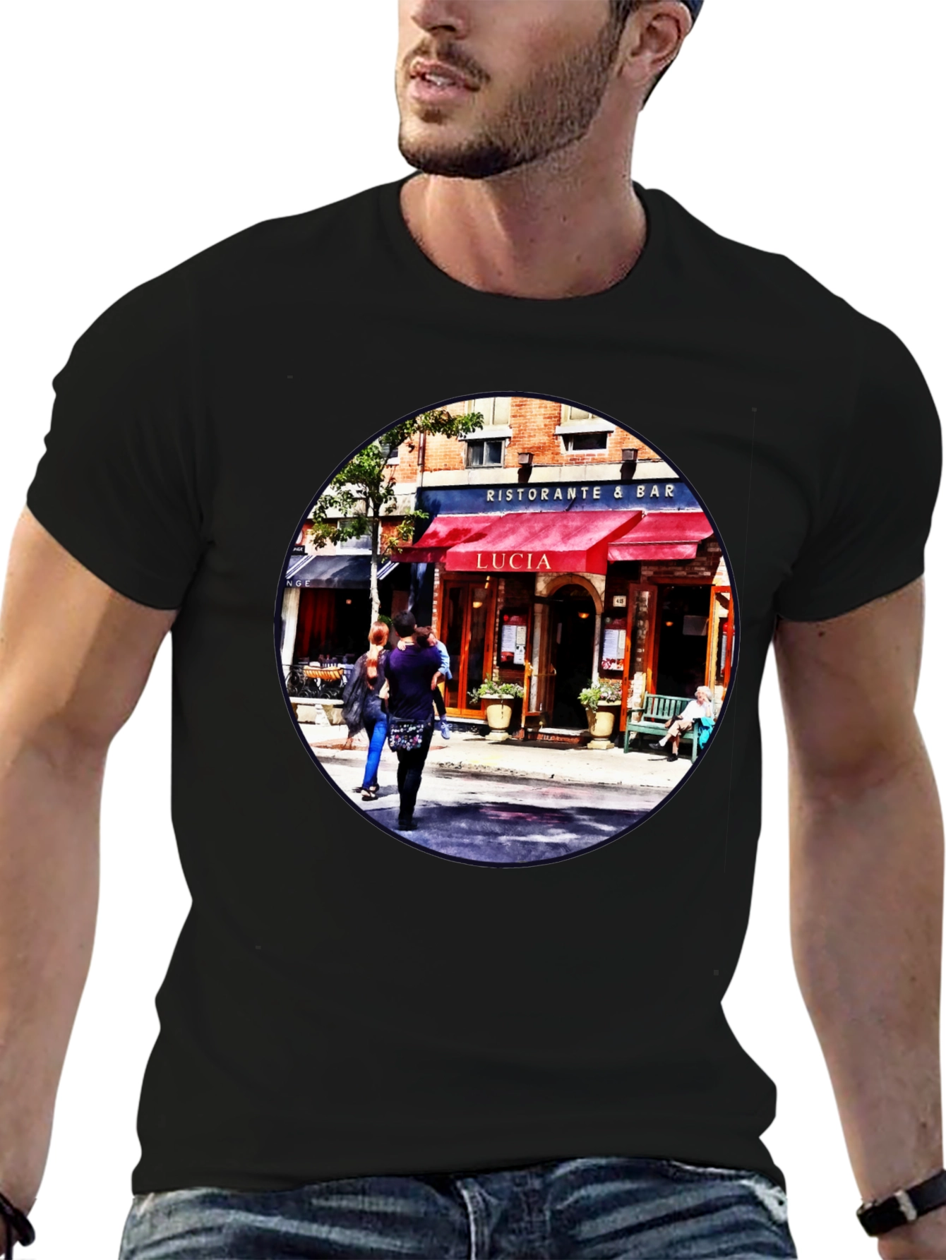 Camiseta Negra con Diseño de Restaurante Italiano