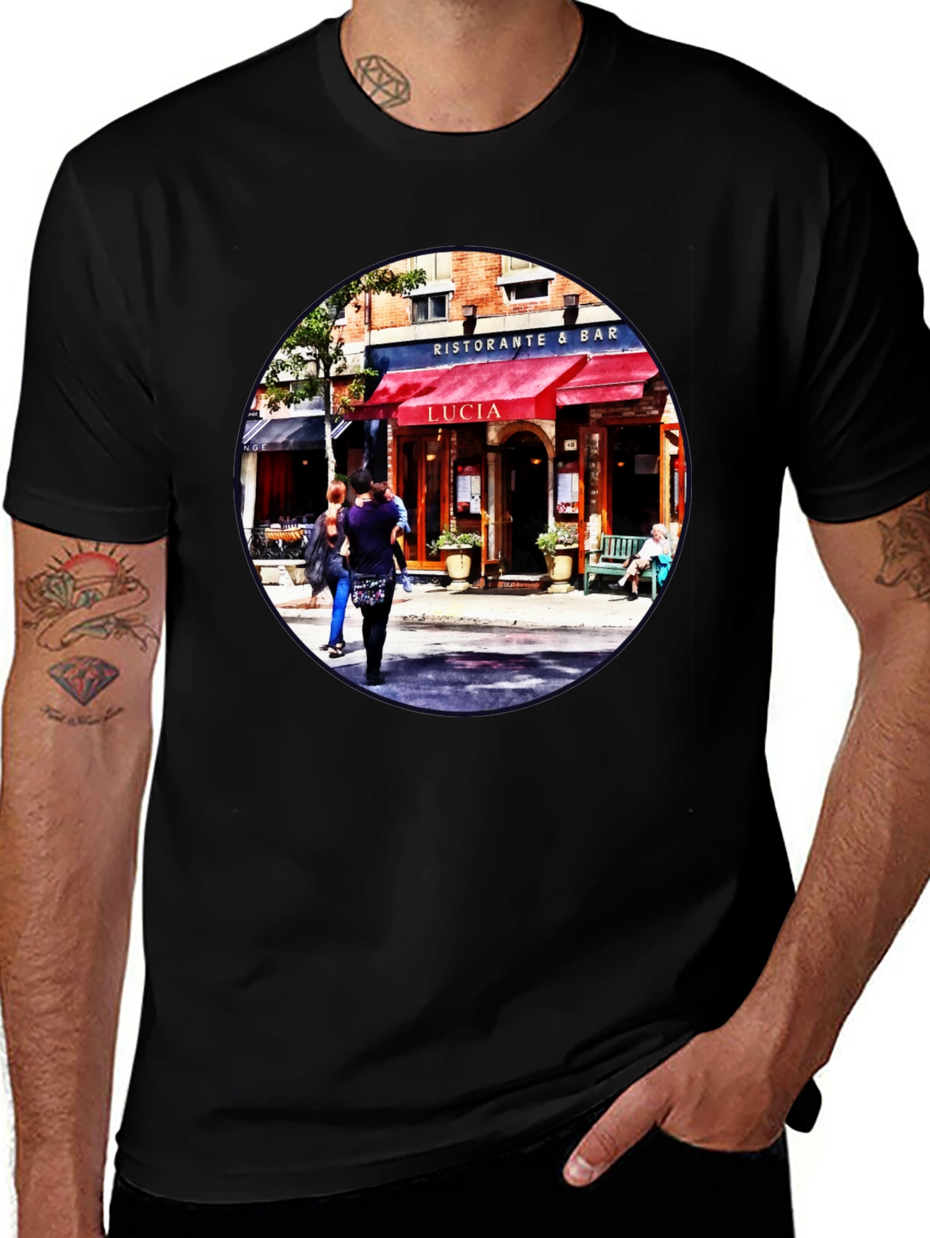 Camiseta Negra con Diseño de Restaurante Italiano