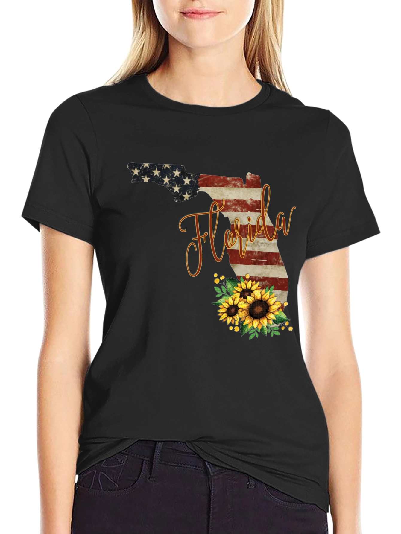Camiseta Negra Diseño Florida Girasoles