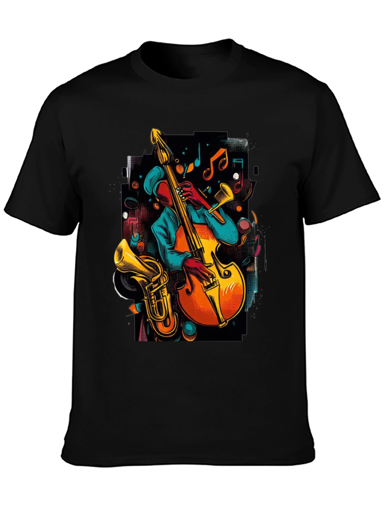 Camiseta Negra con Diseño de Música Jazz