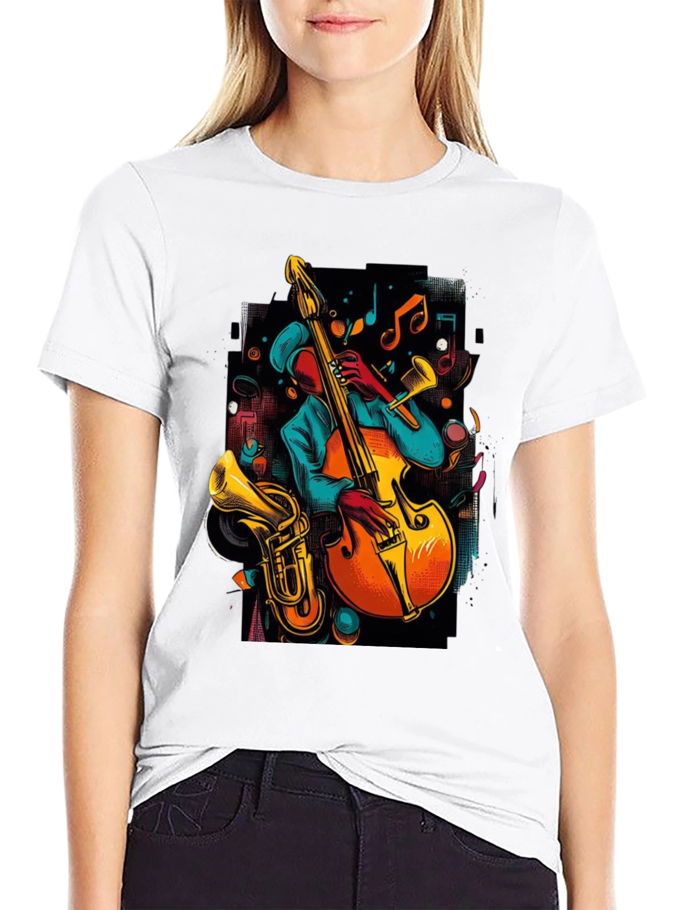 Camiseta Negra con Diseño de Música Jazz
