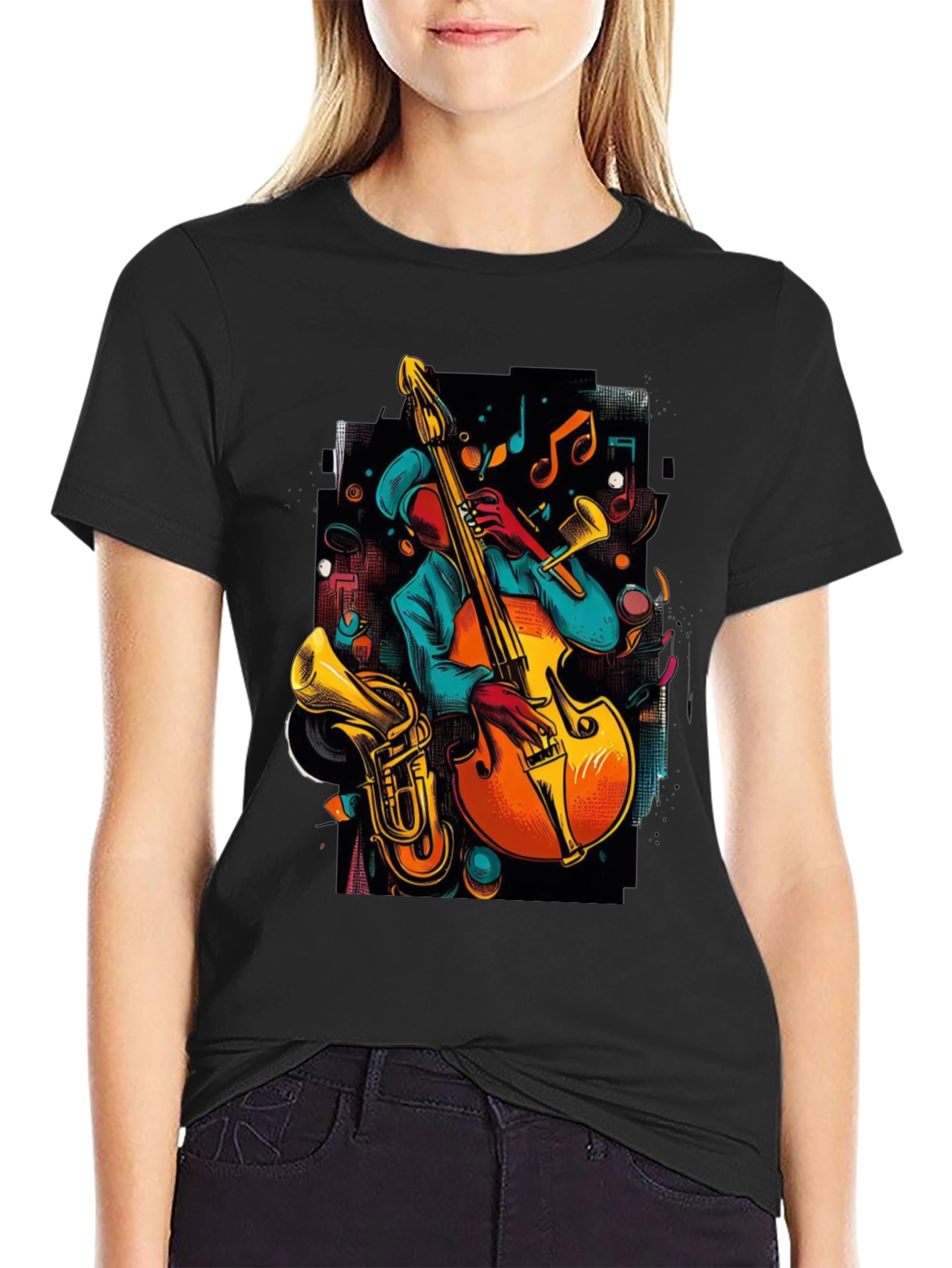 Camiseta Negra con Diseño de Música Jazz