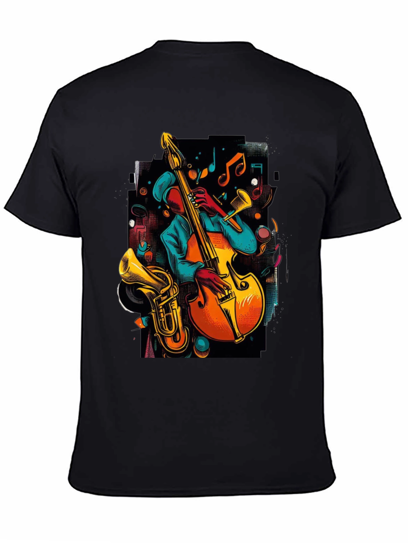 Camiseta Negra con Diseño de Música Jazz