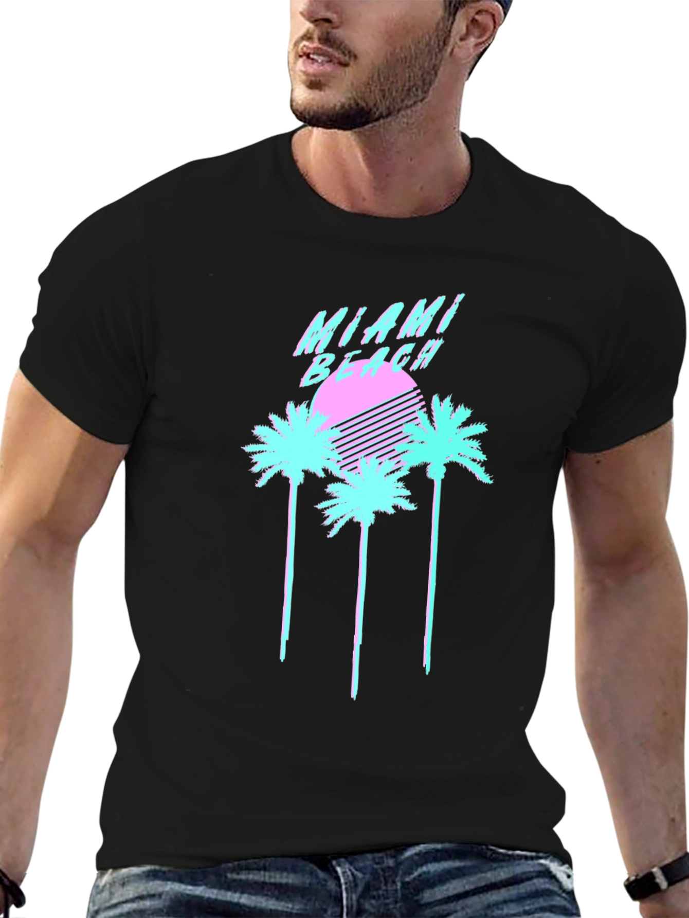 Camiseta Negra Miami Beach Retro Vaporwave