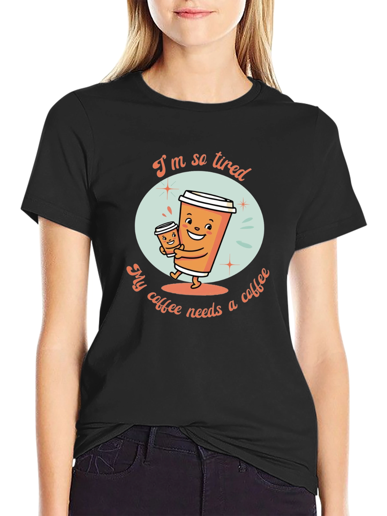 Camiseta Negra con Diseño de Café Cansado