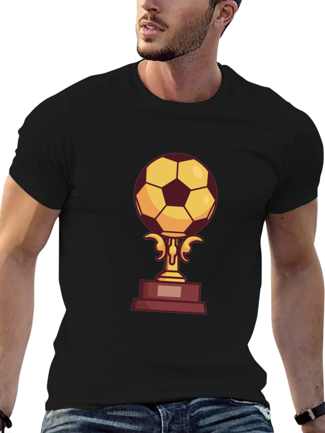 Camiseta Negra con Diseño de Trofeo de Fútbol