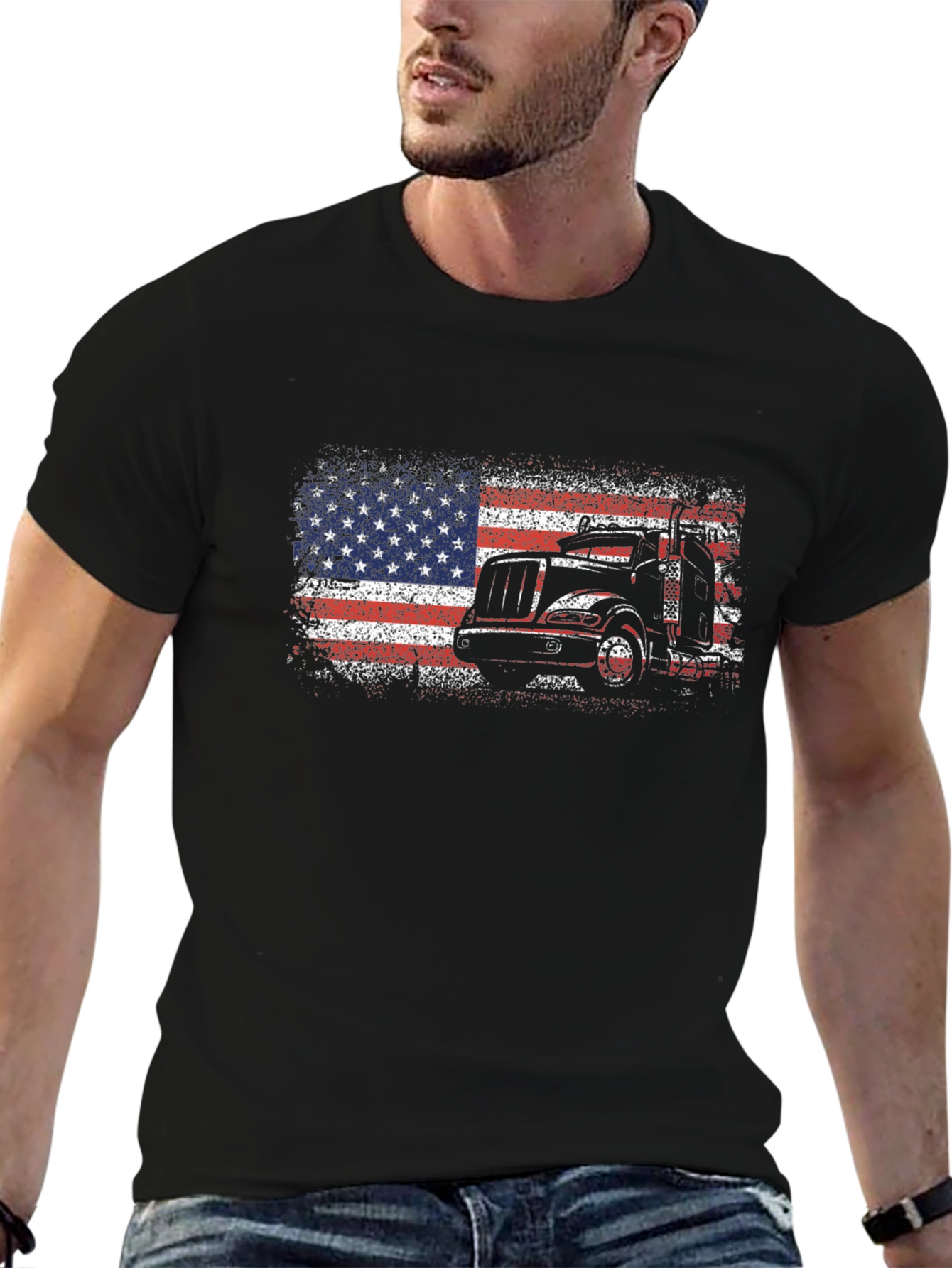 Camiseta Negra Hombre Diseño Camión Bandera USA