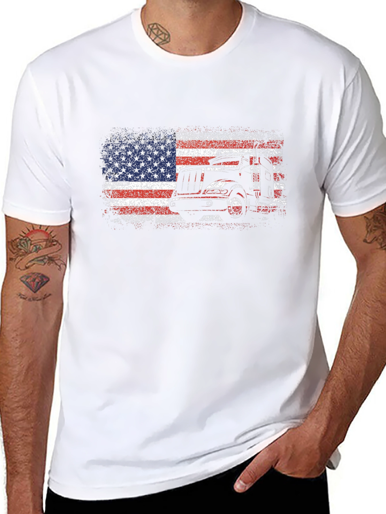 Camiseta Negra Hombre Diseño Camión Bandera USA