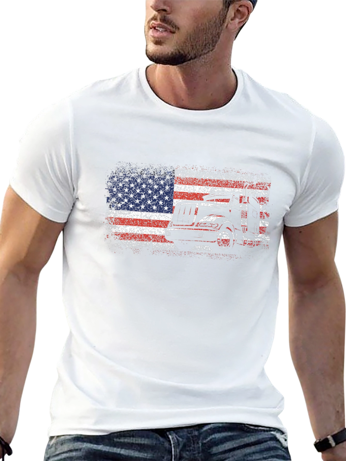 Camiseta Negra Hombre Diseño Camión Bandera USA