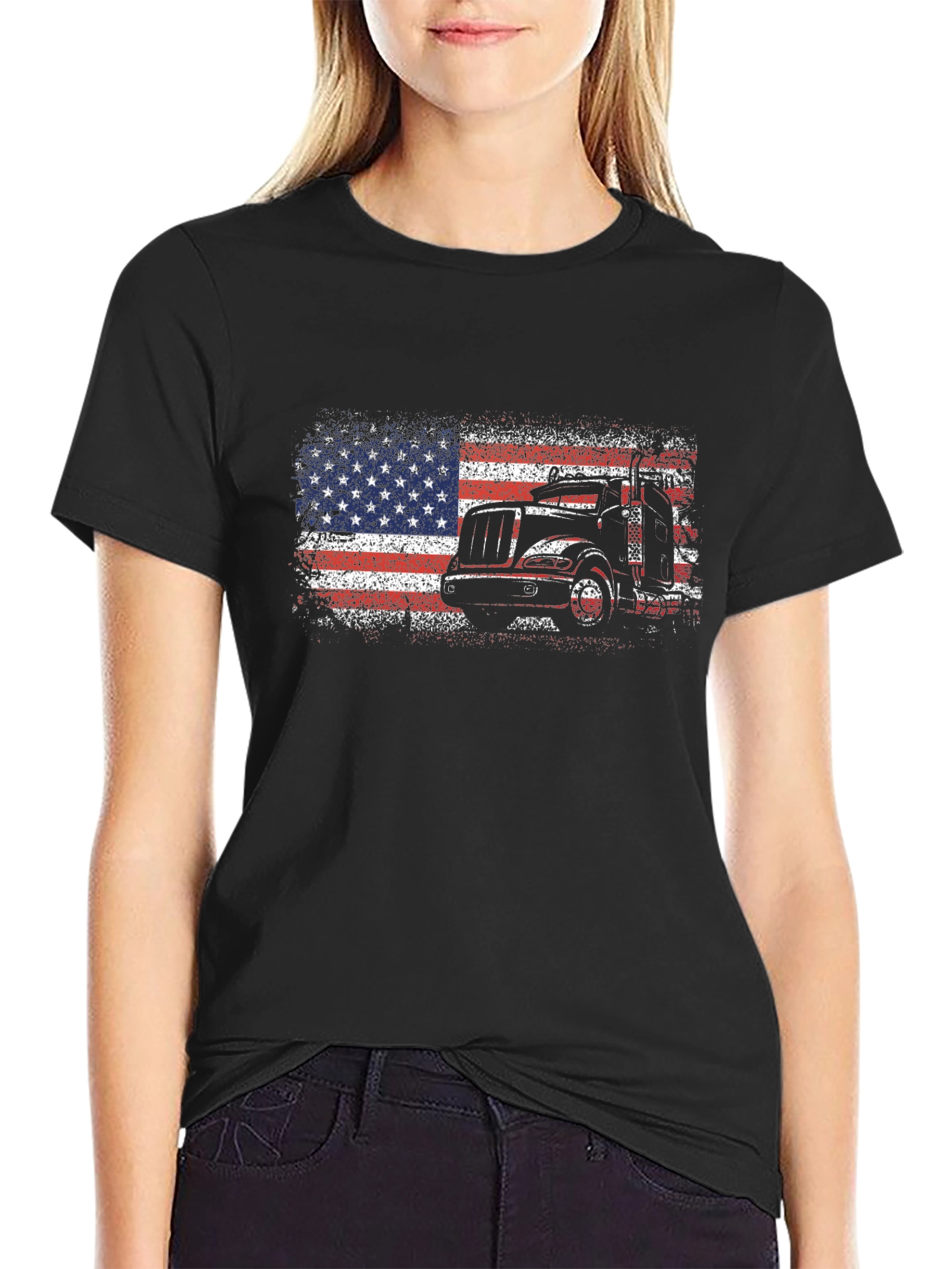 Camiseta Negra Hombre Diseño Camión Bandera USA