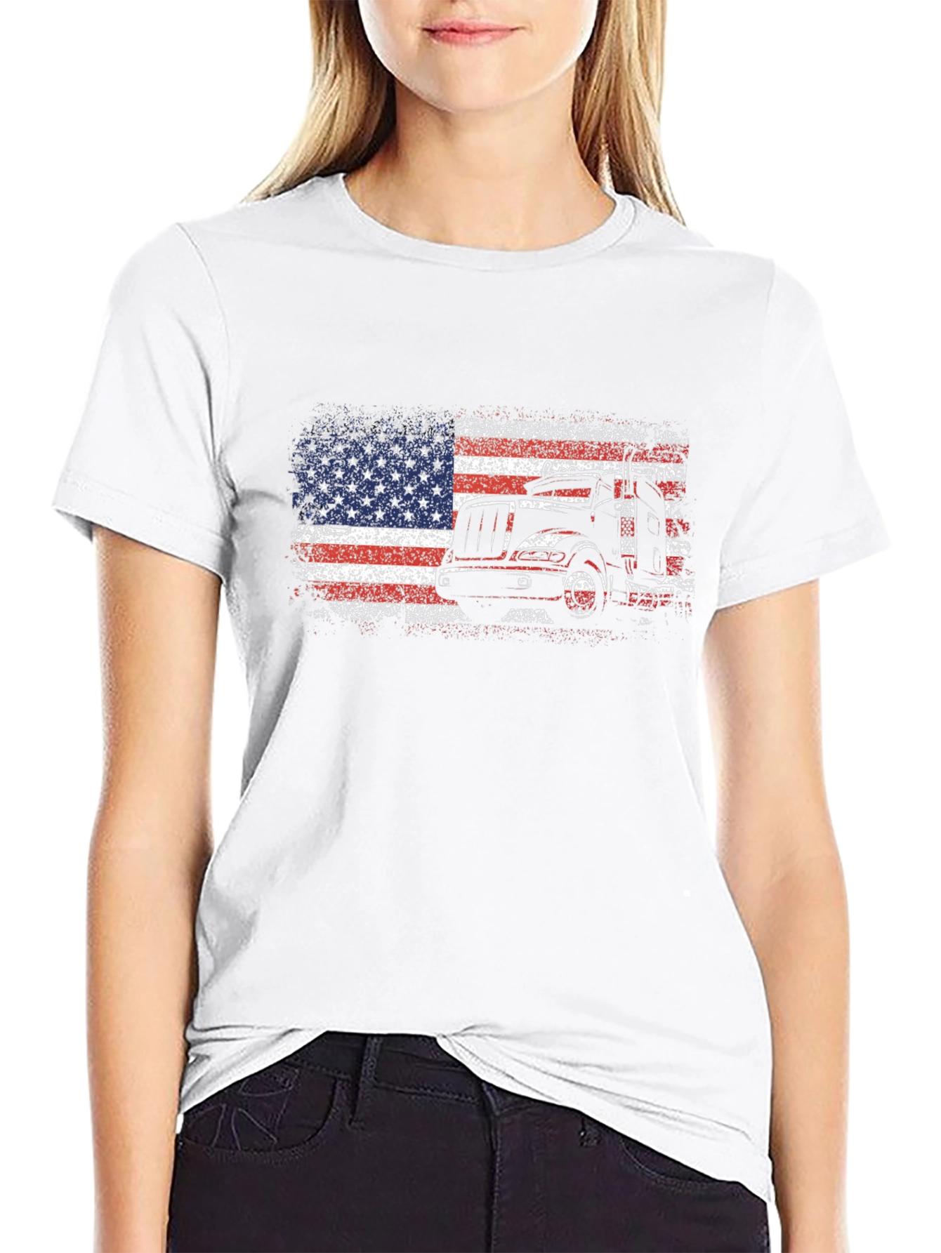 Camiseta Negra Hombre Diseño Camión Bandera USA