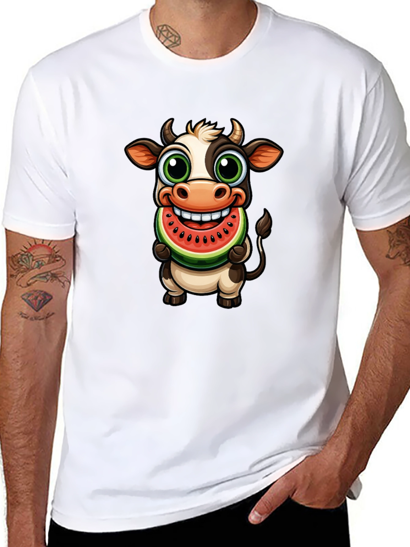 Camiseta Negra con Vaca Comiendo Sandía
